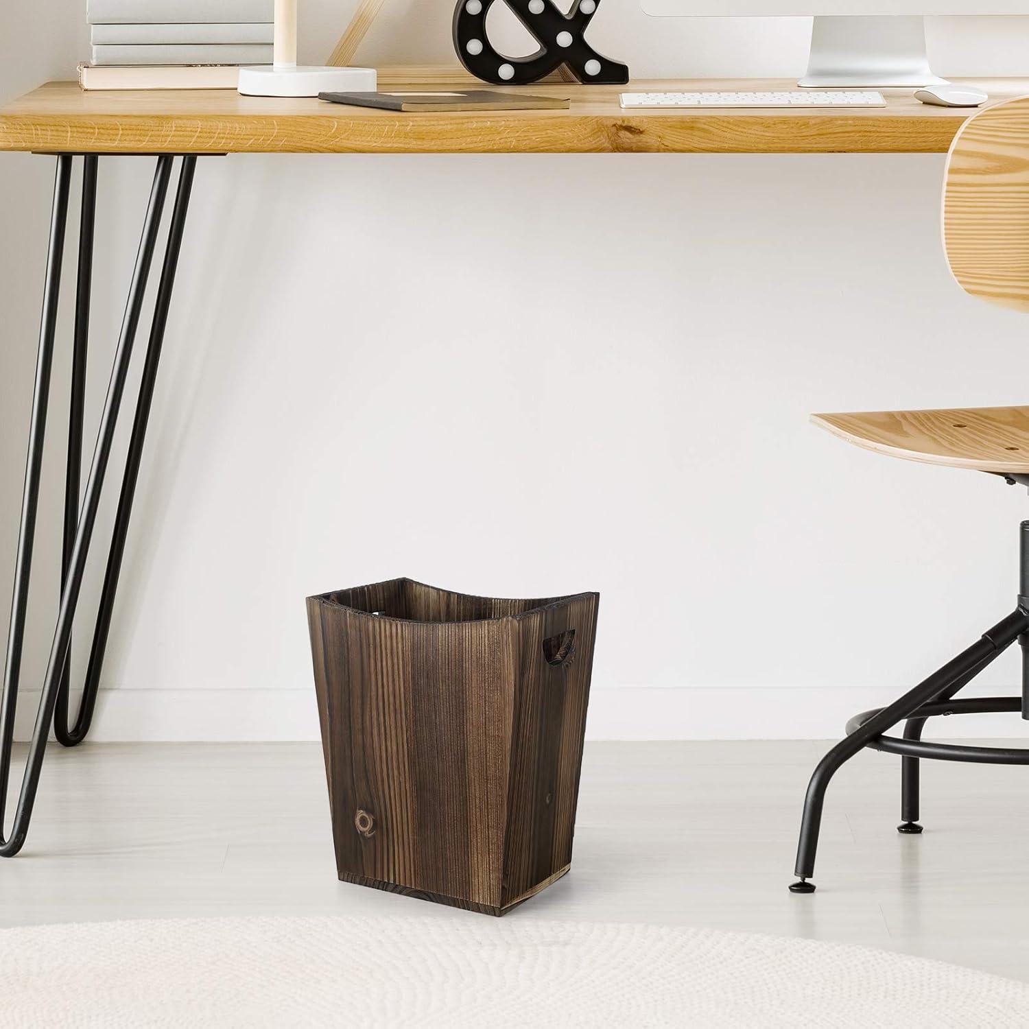 Rustic Brown Fir Wood Rectangular Wastebasket with Handles