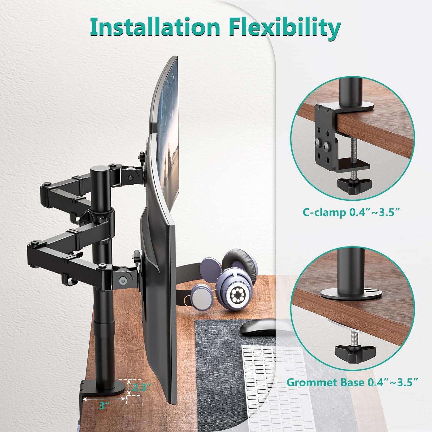 Mount-It! Dual Monitor Mount | Double Monitor Desk Stand | Two Full Motion Adjustable Arms Fit 2 Computer Screens 17 - 32 in. | C-Clamp & Grommet Base