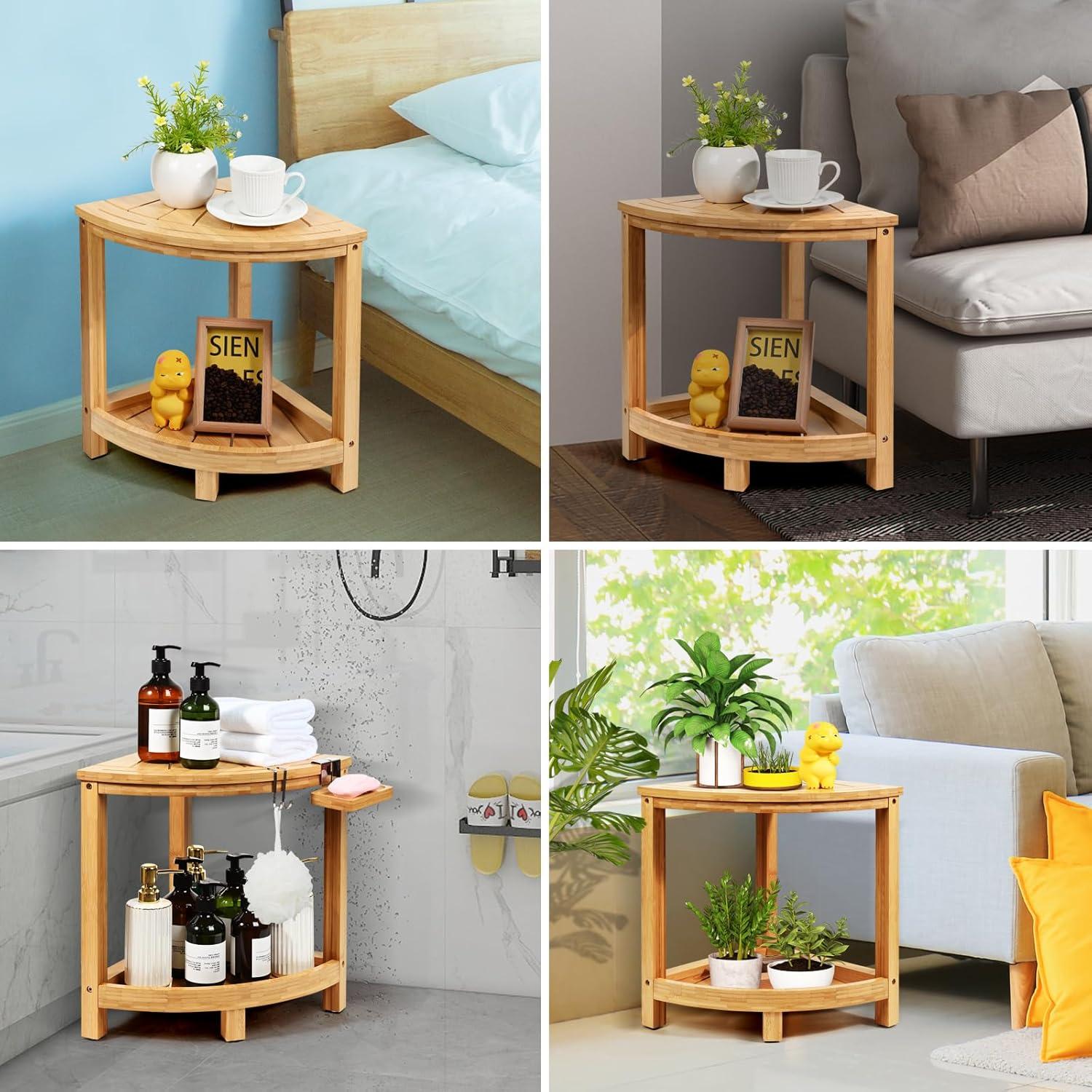 Ollieroo 2-Tier Bamboo Corner Shower Stool for Shaving Legs, Waterproof Bench with Storage Shelf and Soap Dish, Non-Slip Foot Rest (Natural)