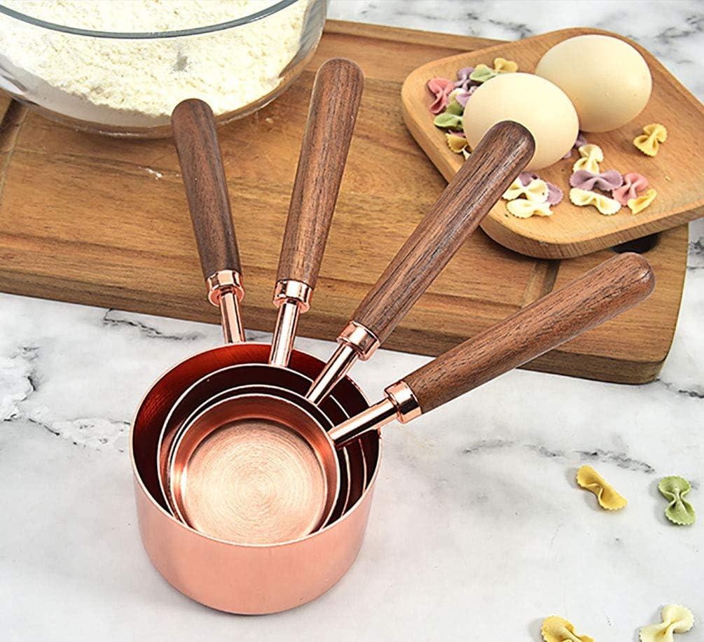 Set of 4 Stainless Steel Measuring Cups, Copper Plated Nesting Measuring Cup Set with Walnut Wood Handle for Dry and Liquid Ingredients (Cups Set: 1/4, 1/3, 1/2, 1 Cup)