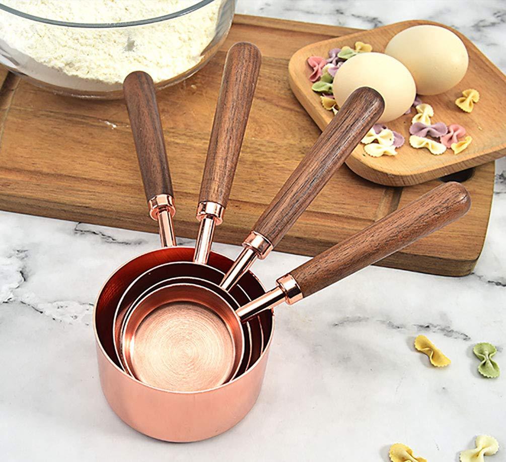 Set of 4 Stainless Steel Measuring Cups, Copper Plated Nesting Measuring Cup Set with Walnut Wood Handle for Dry and Liquid Ingredients (Cups Set: 1/4, 1/3, 1/2, 1 Cup)