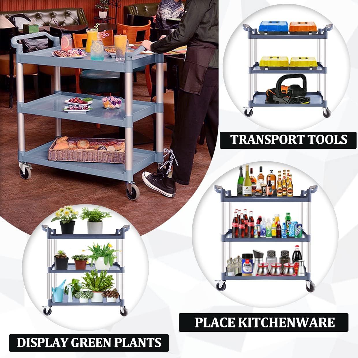 Service Cart Heavy Duty 3-Shelf Rolling Utility/Push Cart with Lockable Wheels, 360 lbs. Capacity, for Foodservice/Restaurant/Cleaning