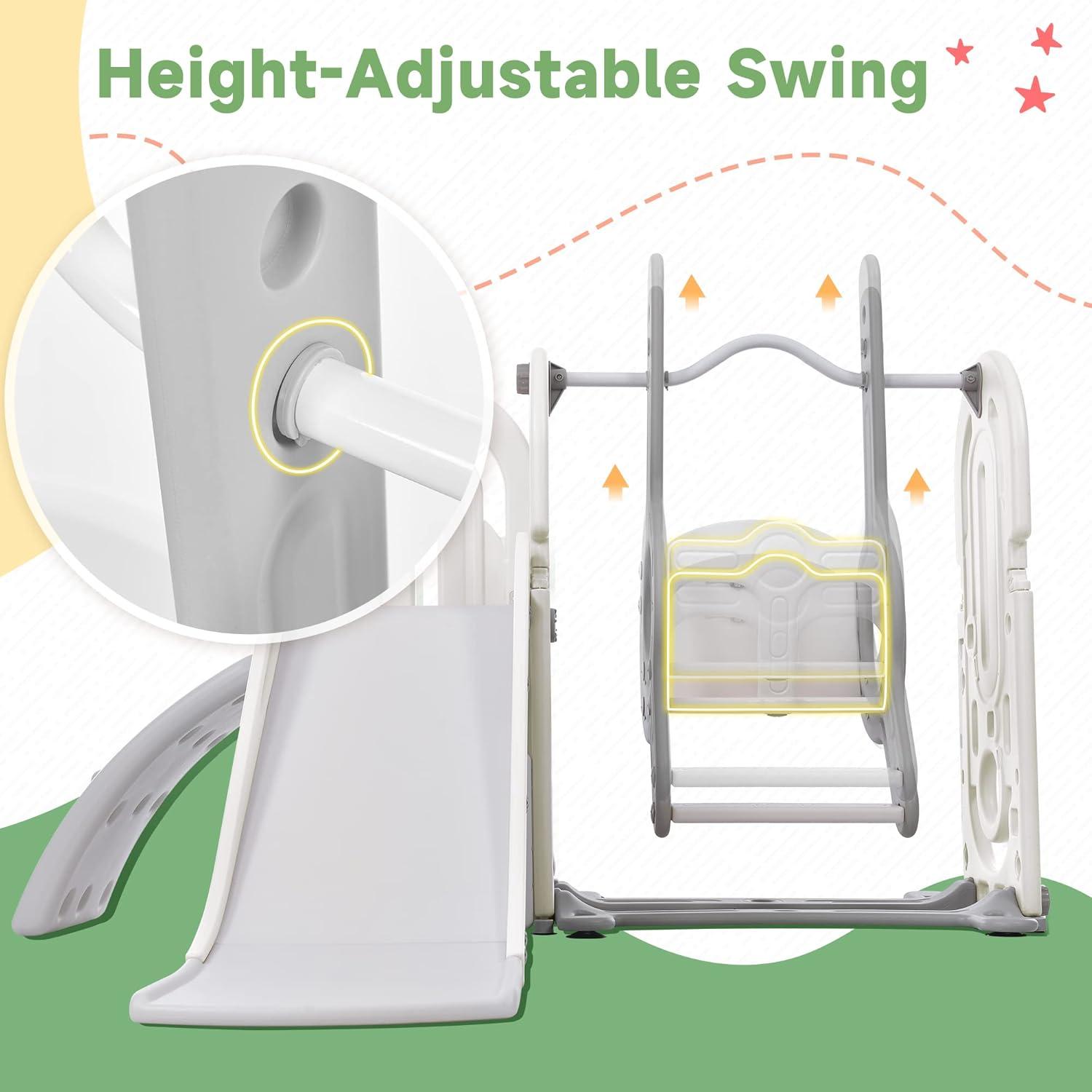 5 in 1 Toddler Climber and Slide Set for Backyard, Kids Playground Set with Slide, Swing, Climbing Ramp and Basketball Hoop, Indoor & Outdoor Playset for Children, Babies, Boys, Girls, Gray