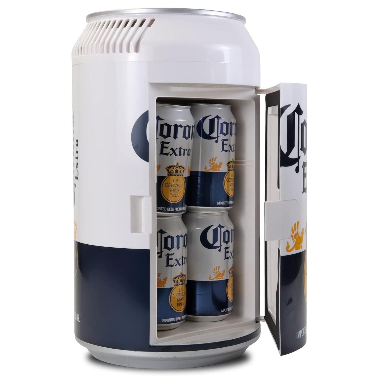 Corona 8 Can Portable Mini Fridge w/ 12V DC and 110V AC Cords, 5.4L (5.7 qt) Beer Can Shaped Personal Cooler, White, Travel Fridge for Beer, Snacks, Lunch, Drinks, Home, Office, Bar, Dorm, RV