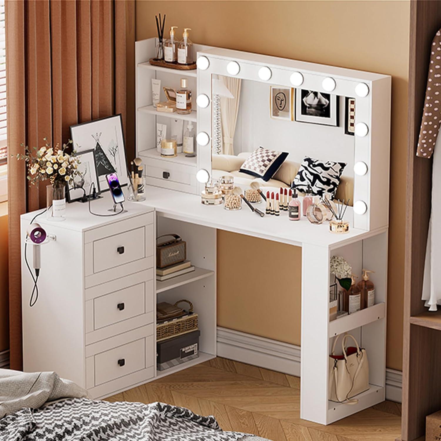 PAKASEPT Vanity Desk with Mirror and Lights, Corner Makeup Table with 3 Color Lighting, White Vanity with Power Strip & Hooks, Hidden and Open Shelves, Adjustable Brightness, 47.2 Inch