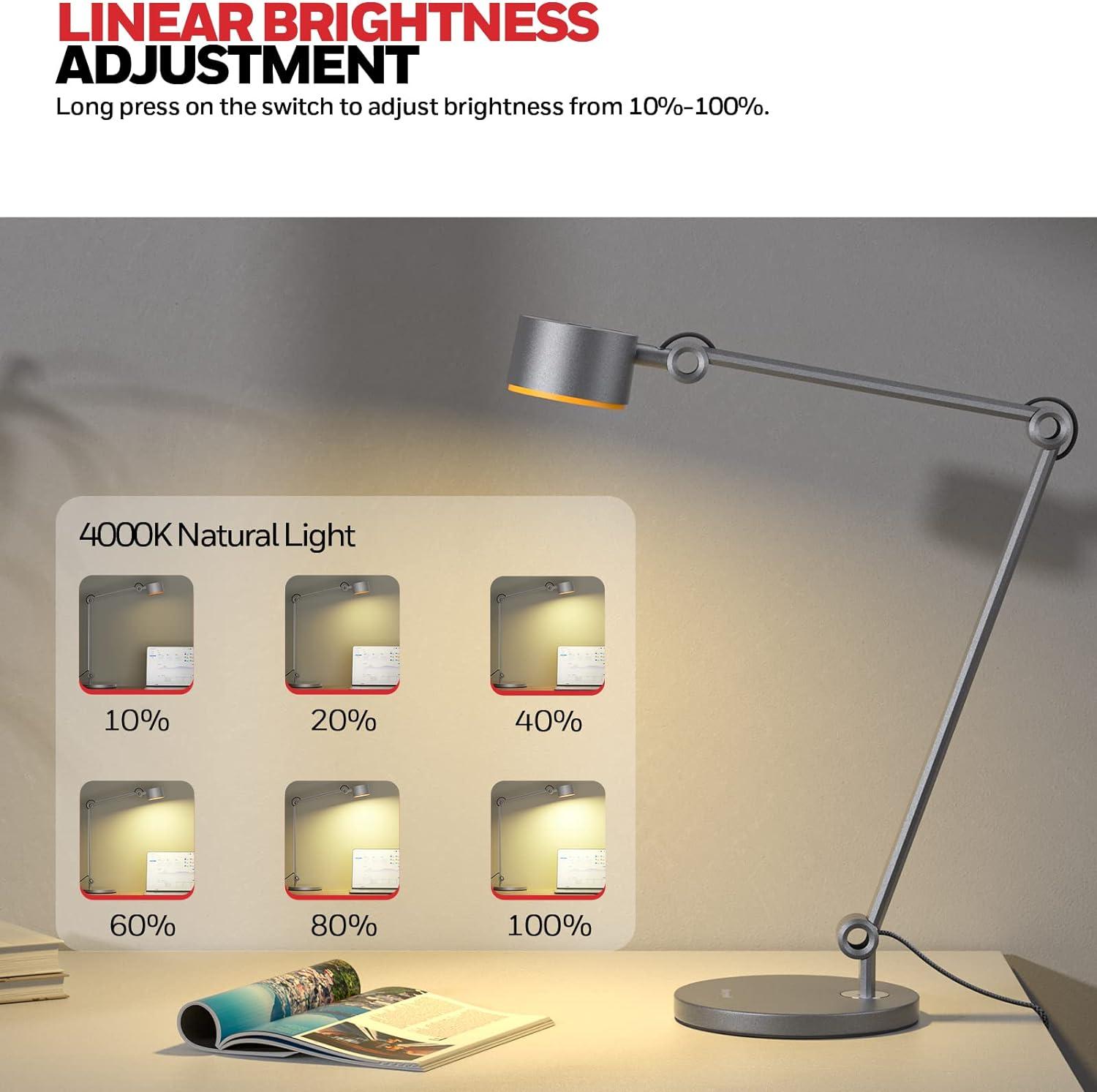 Honeywell HWT-01A Office LED Desk Lamp, 4000K Natural Light Dimmable Eye-Protection Table Lamps, Full Metal Touch Control Desk Light, Adjustable Swing Arm Table Light for Home Office Reading Bedroom