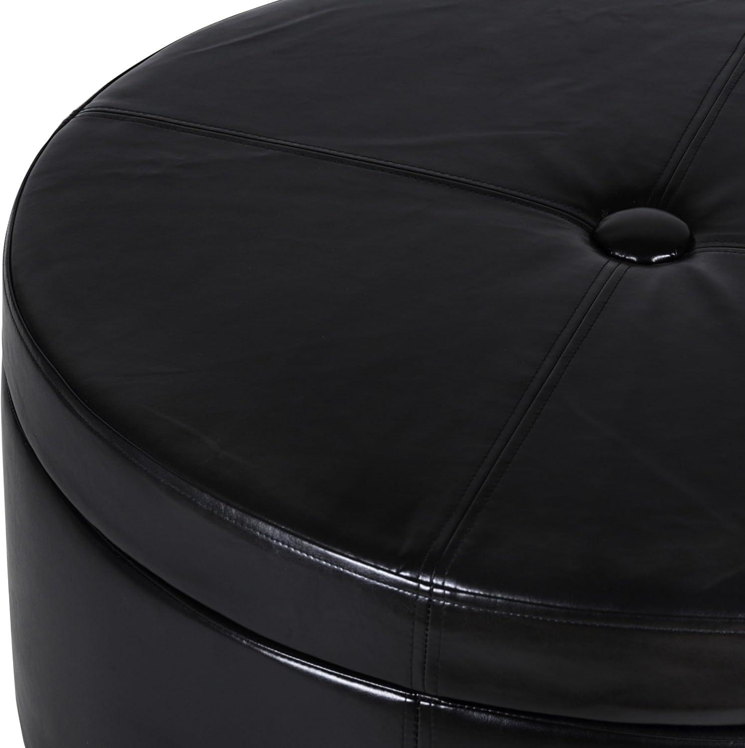Leatherette Single Button Tufted Round Ottoman with Wooden Feet, Large, Black and Brown