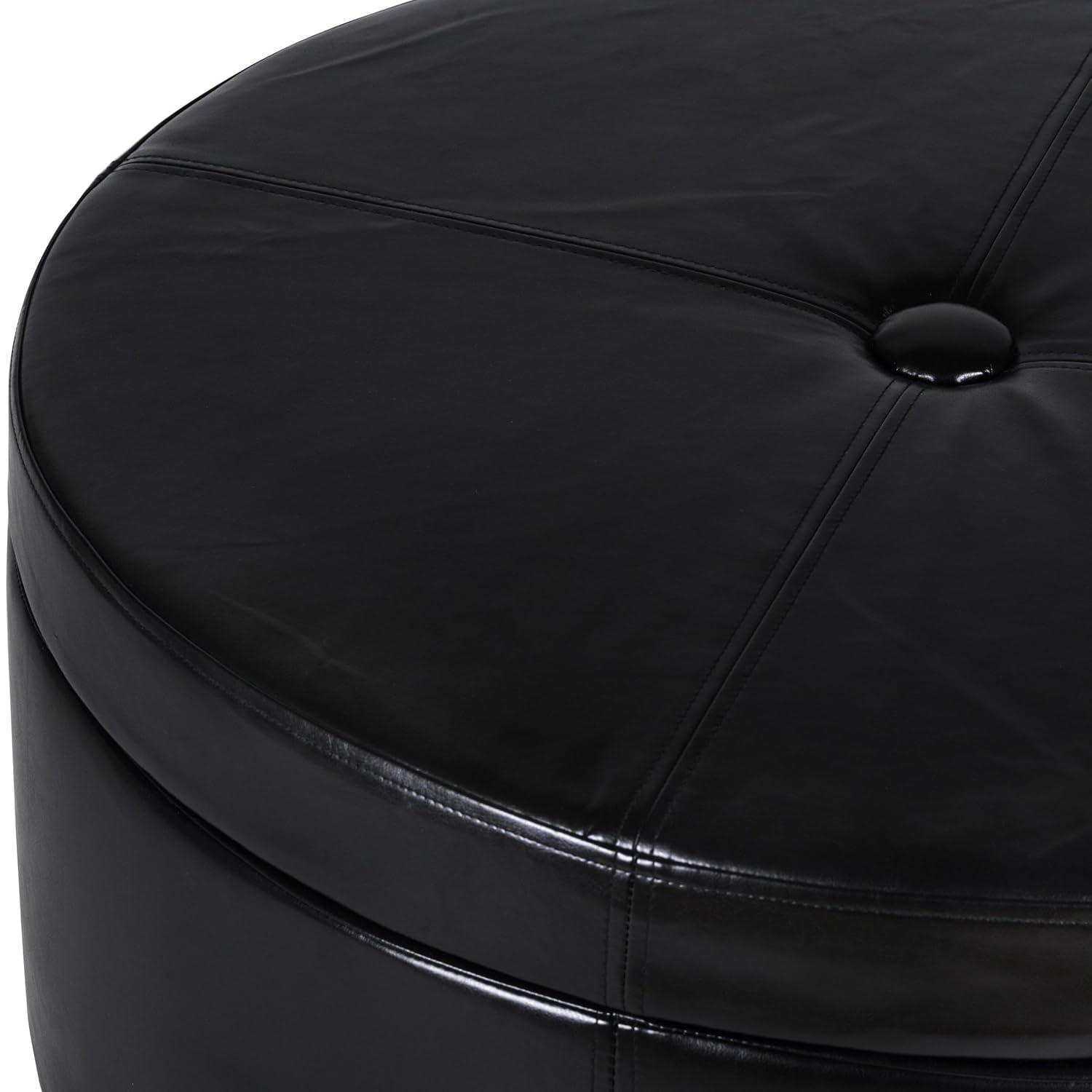 Leatherette Single Button Tufted Round Ottoman with Wooden Feet, Large, Black and Brown