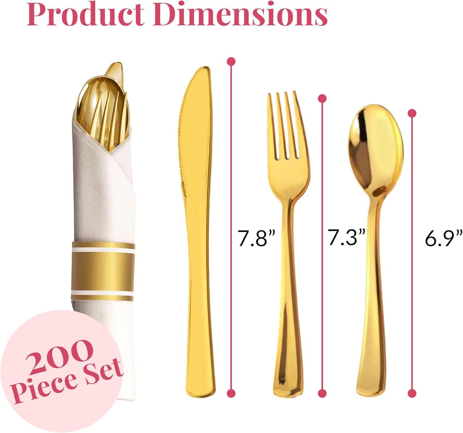 Elegant Gold Plastic Silverware Set with White Napkins, 200 Pieces