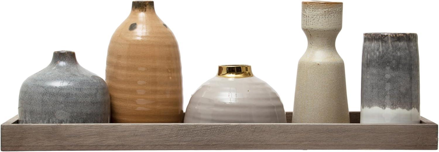 Creative Co-Op Stoneware Vase Ensemble on a Mango Wood Tray, Set of 5