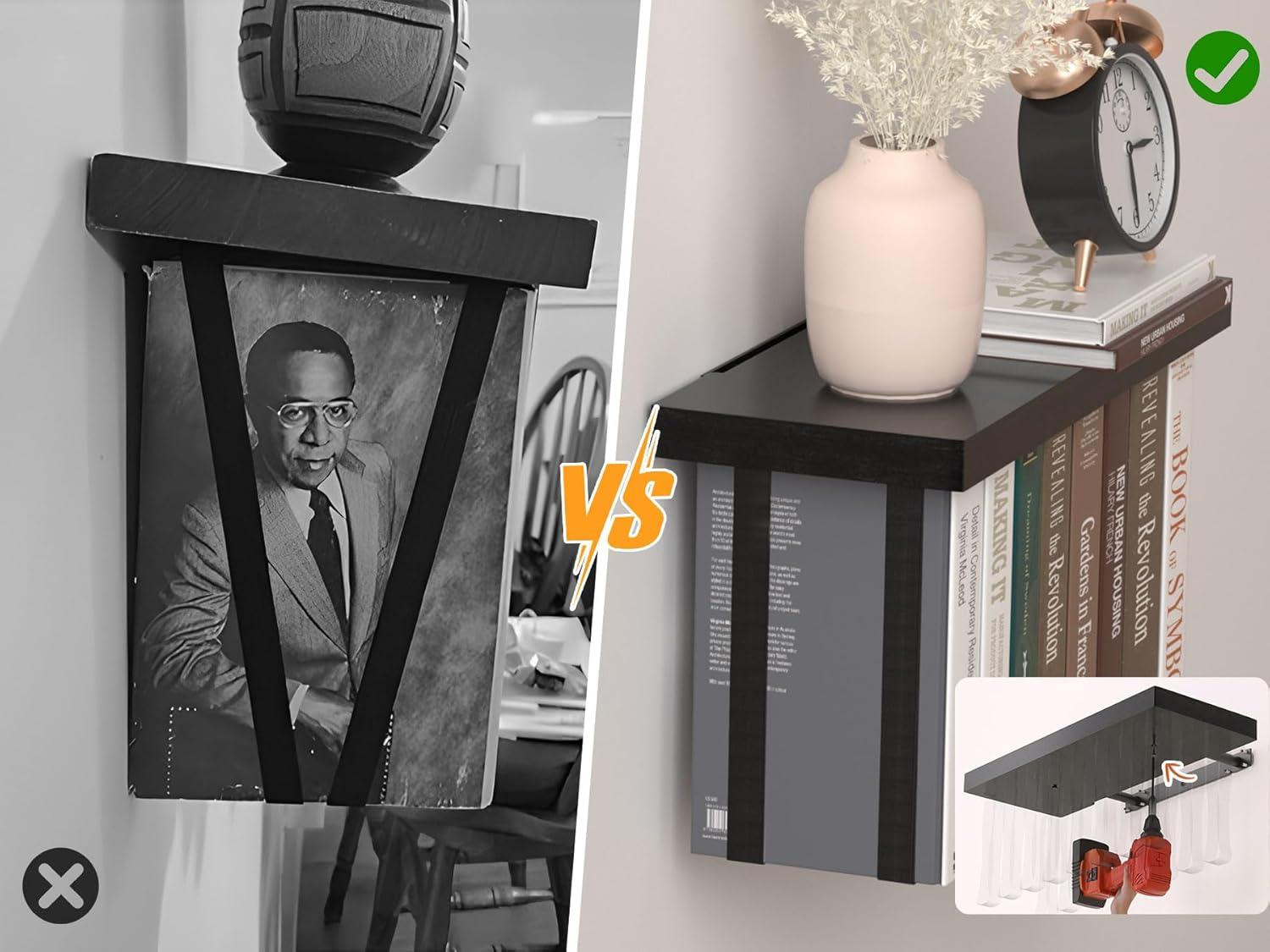 Floating Book Shelves for Wall Mounted Set of 2, Wood Hanging Bookshelf, Book Display Shelf for Wall, Unique Space Saving Book Shelf Wall Book Holder(Black)