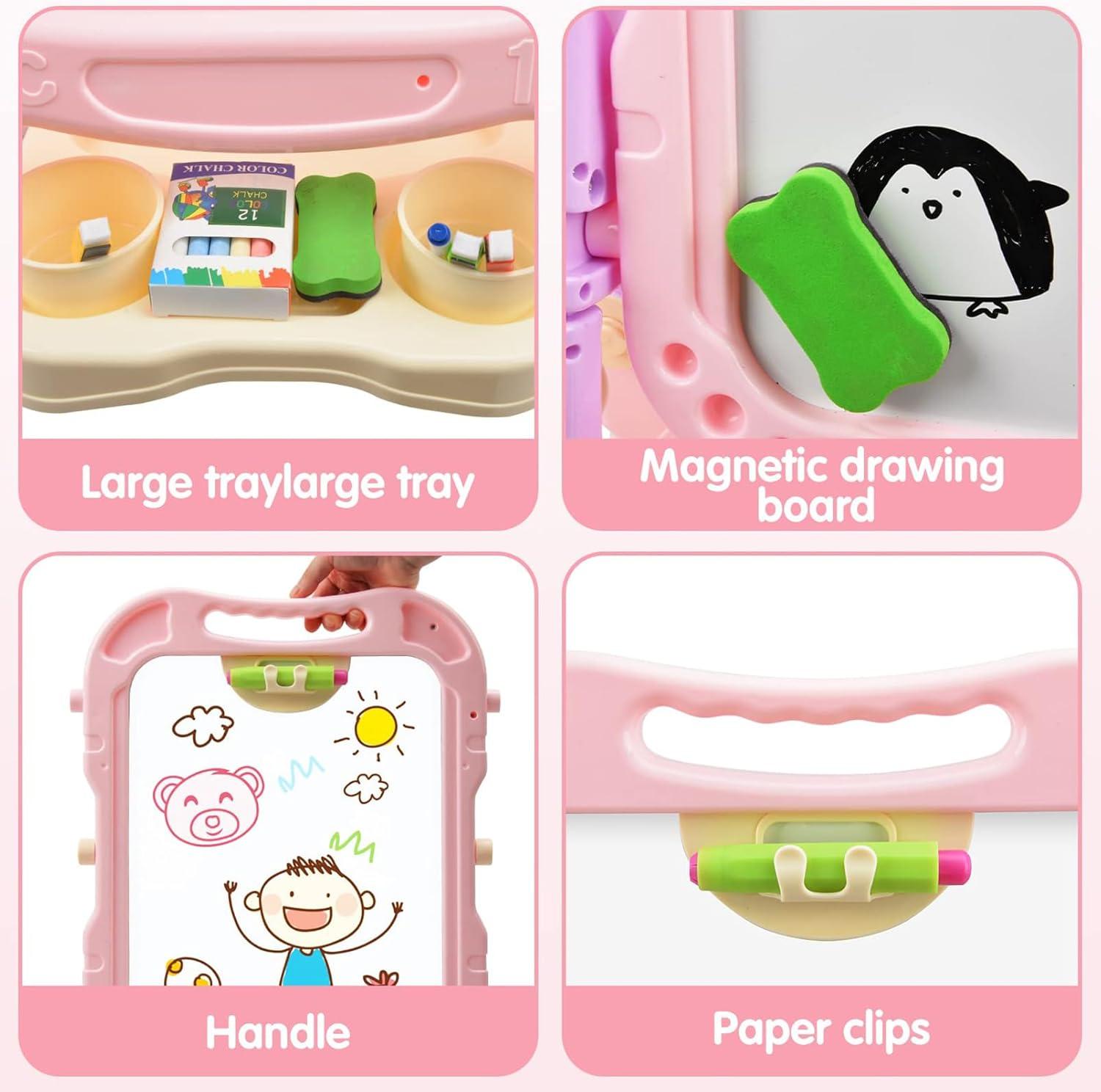 Easel for Kids, Adjustable Standing Art Easel for Toddler, Double Magnetic Drawing Board with Painting Accessories, Birthday Christmas Gift for Little Boys and Girls,  Pink