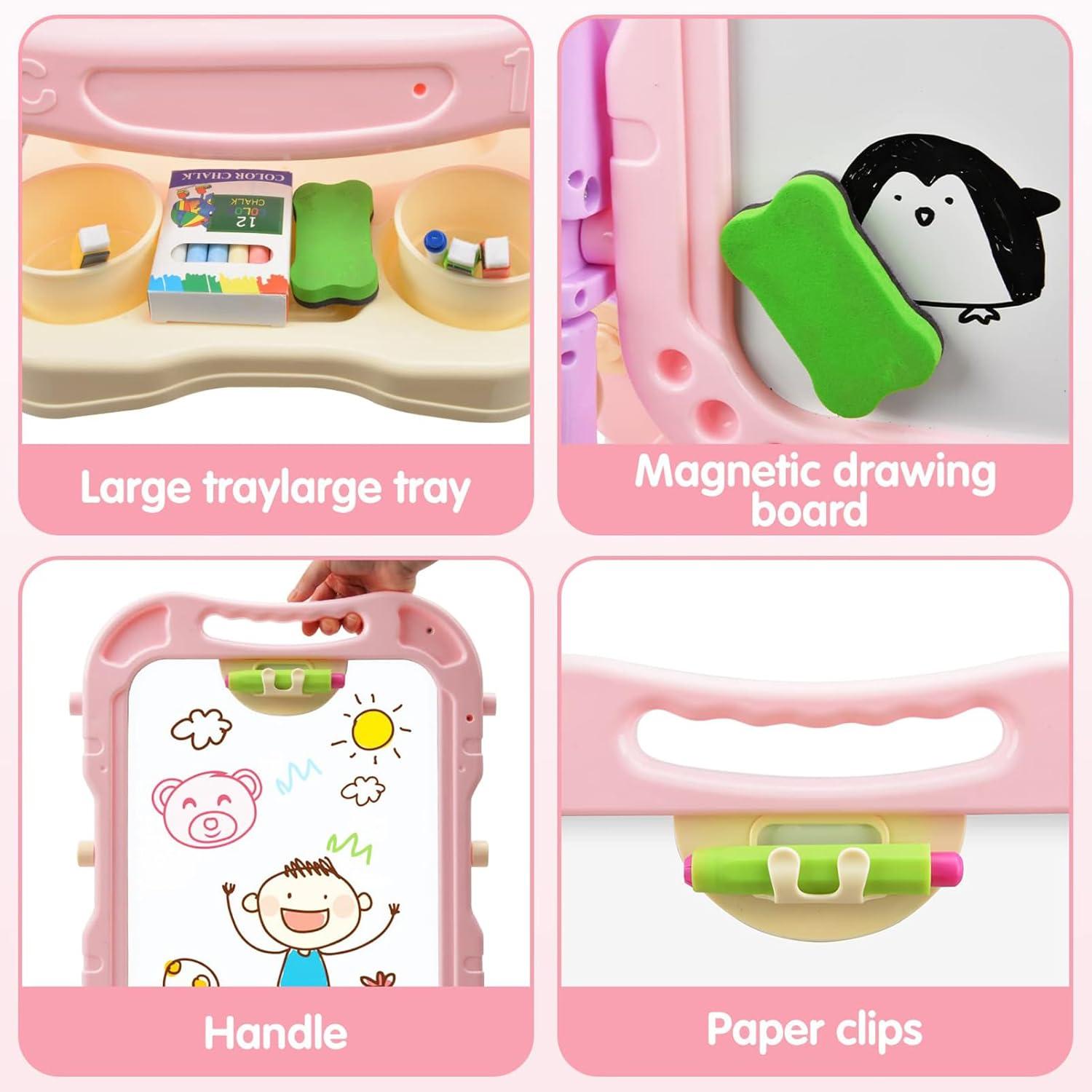 Easel for Kids, Adjustable Standing Art Easel for Toddler, Double Magnetic Drawing Board with Painting Accessories, Birthday Christmas Gift for Little Boys and Girls,  Pink