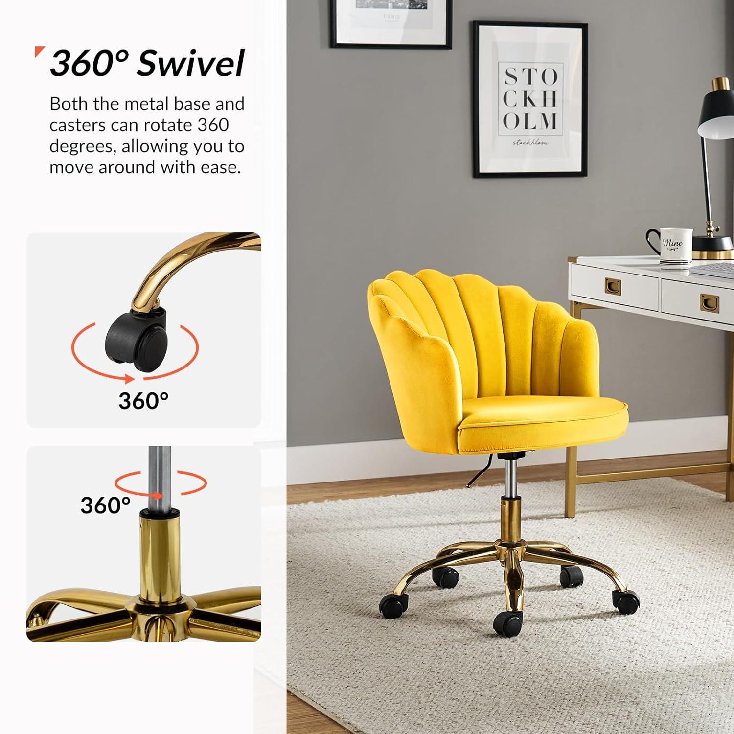 HULALA HOME Velvet Home Office Desk Chair, Modern Shell Back Makeup Vanity Chair with Wheels, Swivel Height Adjustable Cute Task Chair for Women Girls, Yellow
