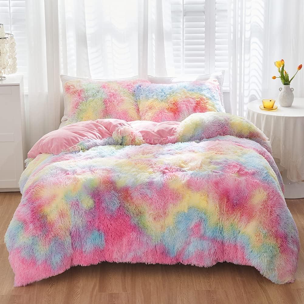 SUCSES Pink Fluffy Full Size Bedding Sets for Girls Faux Fur Plush Shaggy Kids Duvet Cover Set Colorful Rainbow Furry Comforter Cover Set Tie Dye Teen Girl Bed Set (Pink, Full)