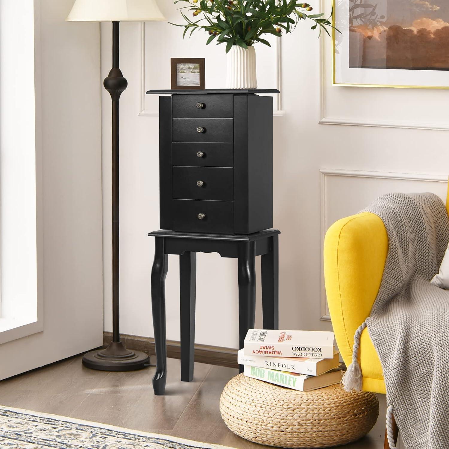 Giantex Jewelry Cabinet Armoire with Top Mirror, 5 Drawers, 2 Swing Doors, Wooden Jewelry Treasure Storage Chest with Large Storage, Standing Jewelry Organizer (Black)