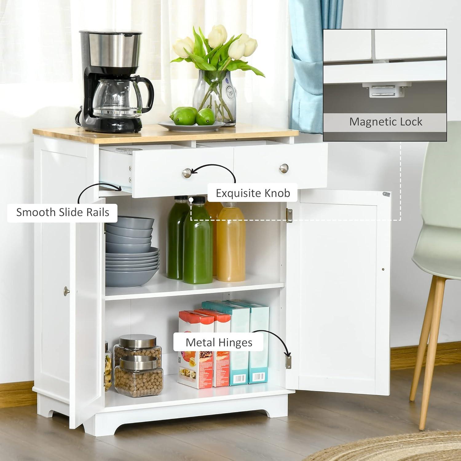 HOMCOM Kitchen Storage Cabinet, Sideboard Floor Cupboard with Solid Wood Top, Adjustable Shelf, and 2 Drawers for Living Room