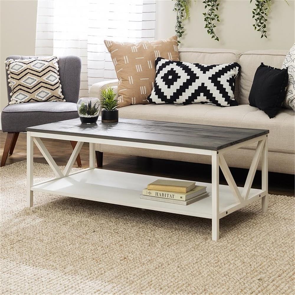 Natalee 48" Distressed Farmhouse Coffee Table in Gray/White Wash