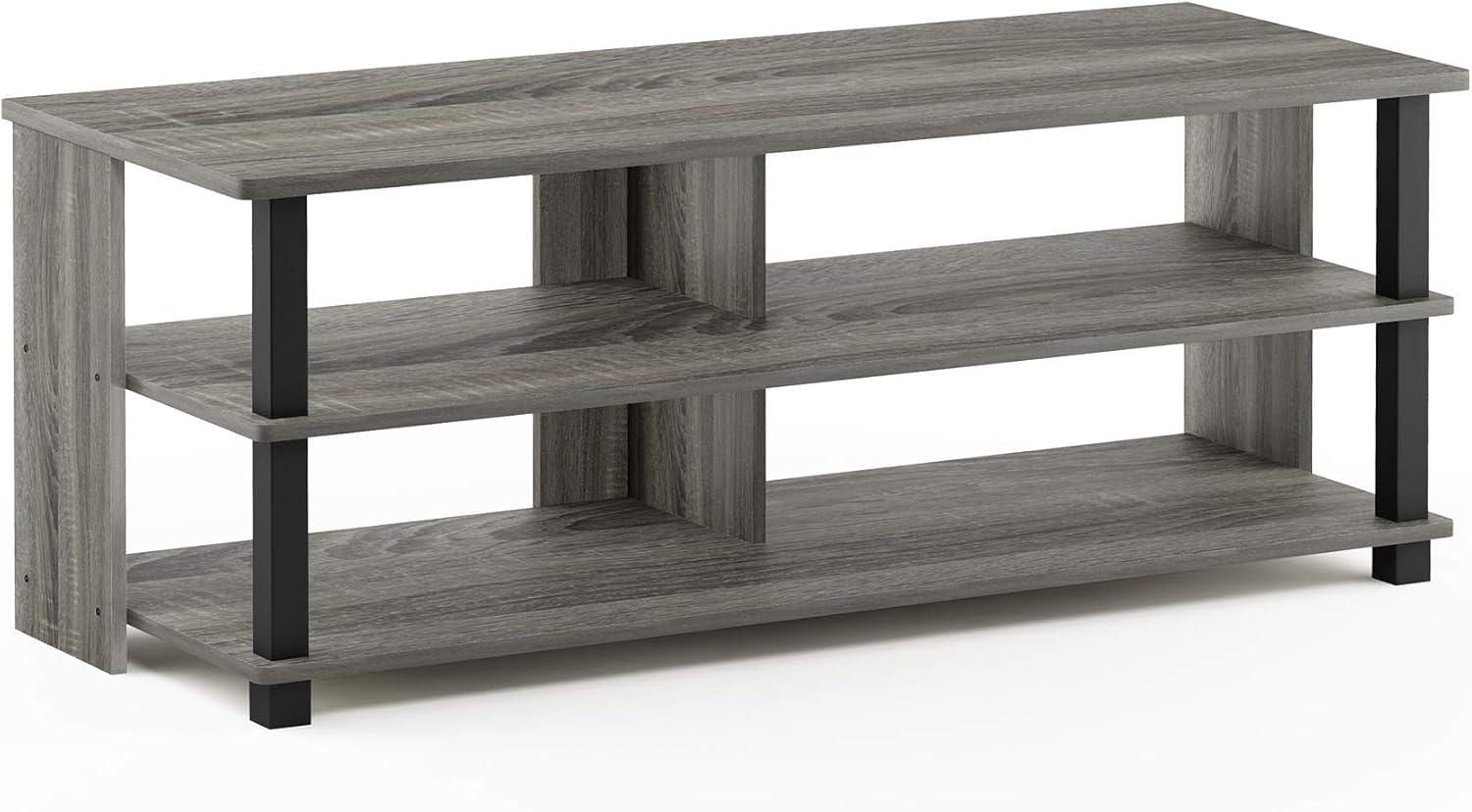 French Oak Grey and Black 3-Tier TV Stand with Shelves