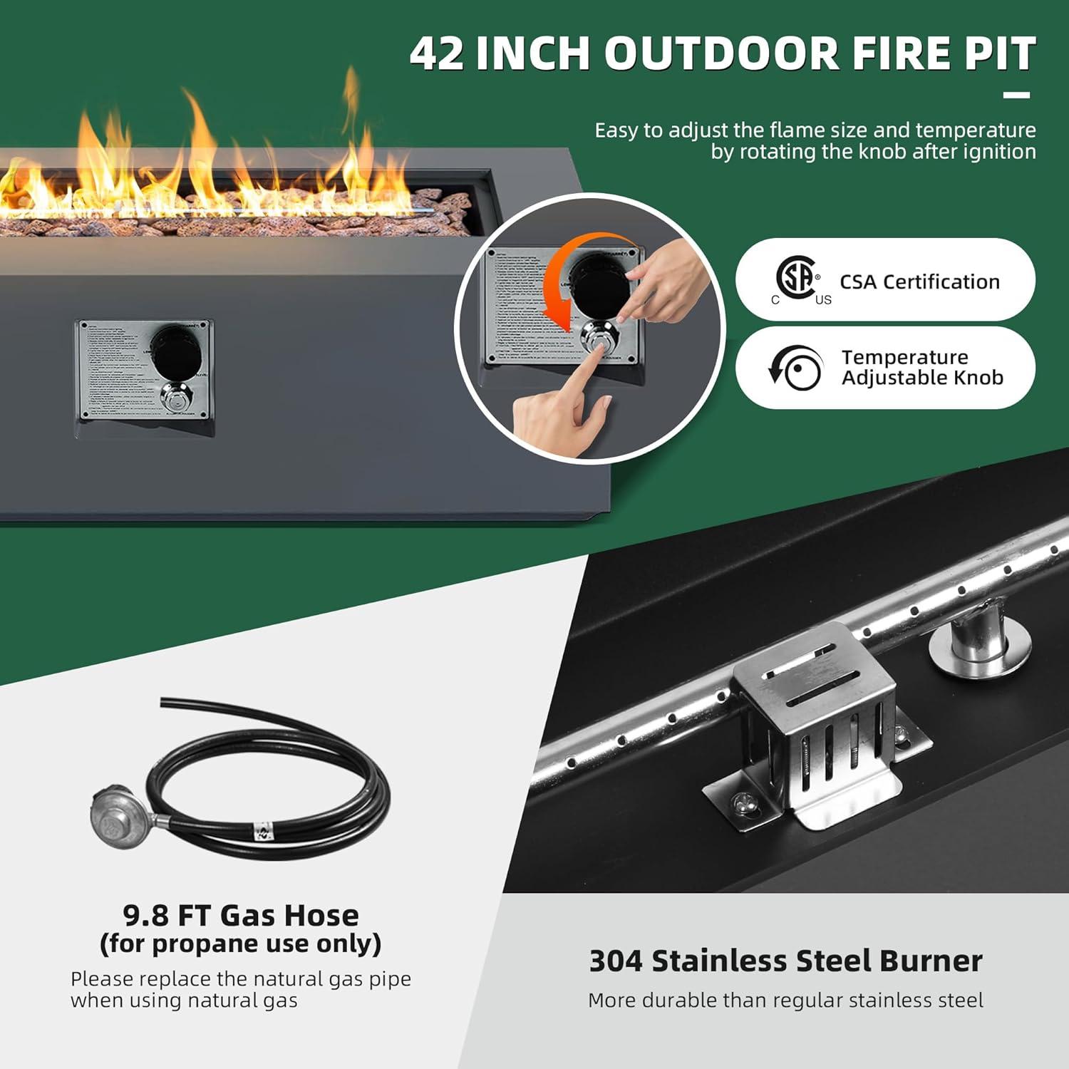 UPHA 42-inch Outdoor Propane Rectangle Fire Pit Table 50000 BTU Iron Gas FirePit for Outside Patio with Tank Cover, Removable Lid, Lava Rocks, Rain Cover, Grey