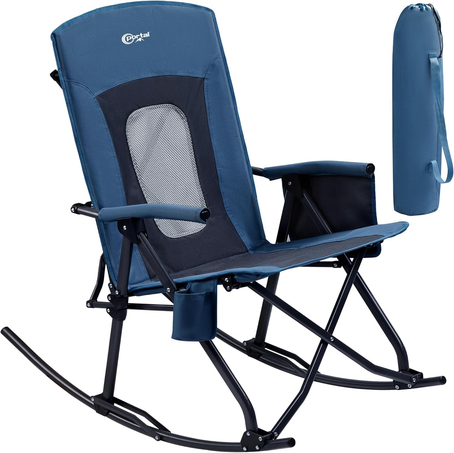 Blue Oversized Folding Rocking Camping Chair with Mesh Back and Armrests