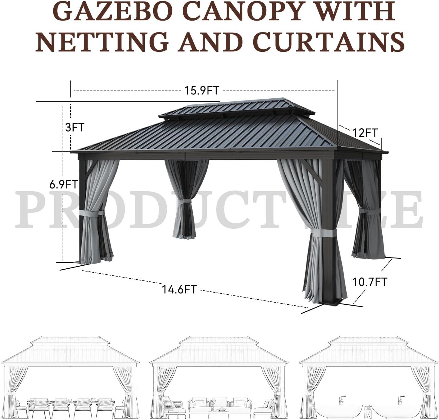 Sunmthink 12' x 16' Outdoor Hardtop Gazebo, Galvanized Double Roof Gazebo with Curtain and Netting for Patio, Garden, Lawn, Party