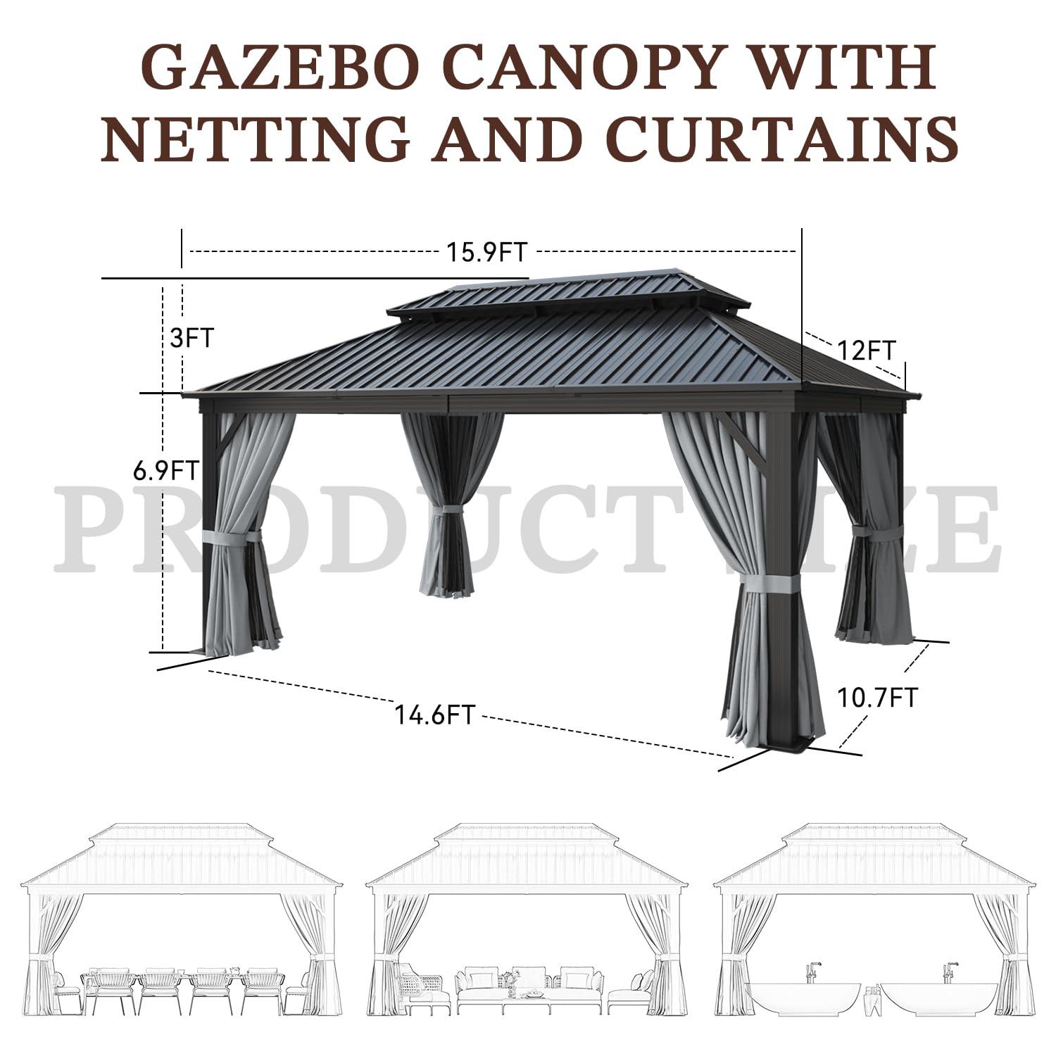 Kozyard Kozyard Alexander Gray Double Roof Hardtop Gazebo with Privacy Curtain Mosquito Netting