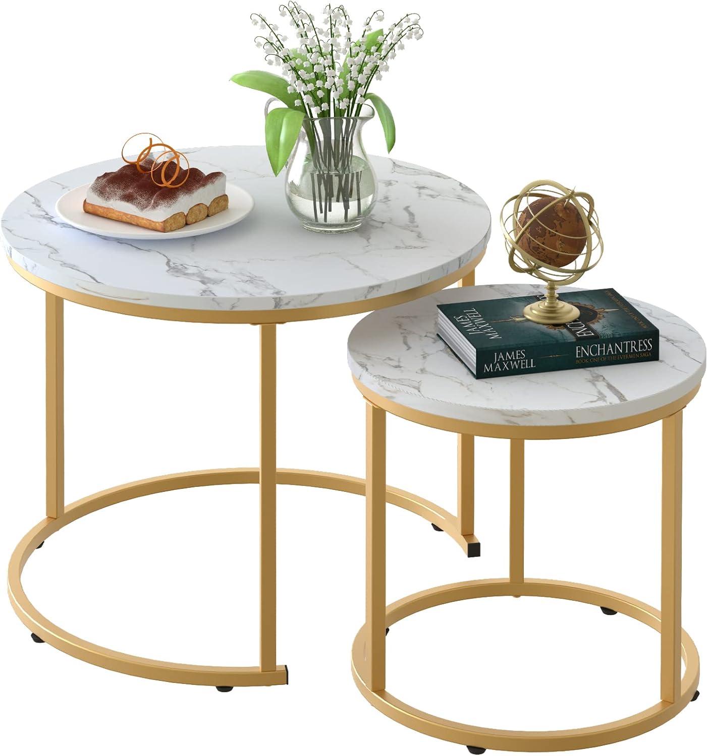 White Marble and Gold Round Nesting Coffee Table Set