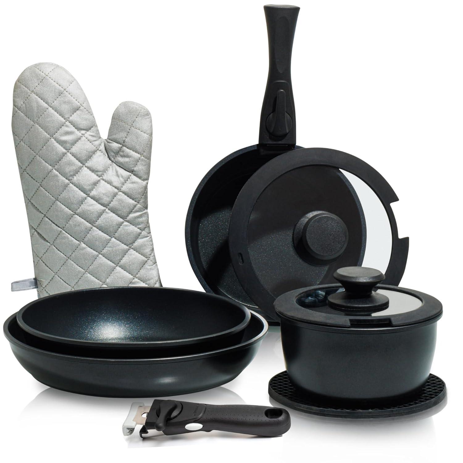 Moss & Stone 10pcs Black Pots and Pans Set Non Stick, Cookware Sets Detachable Handle, RV Kitchen Set Removable Handle, Oven Safe, Induction Ready, Stackable Non-stick Set, Camping Cookware Set