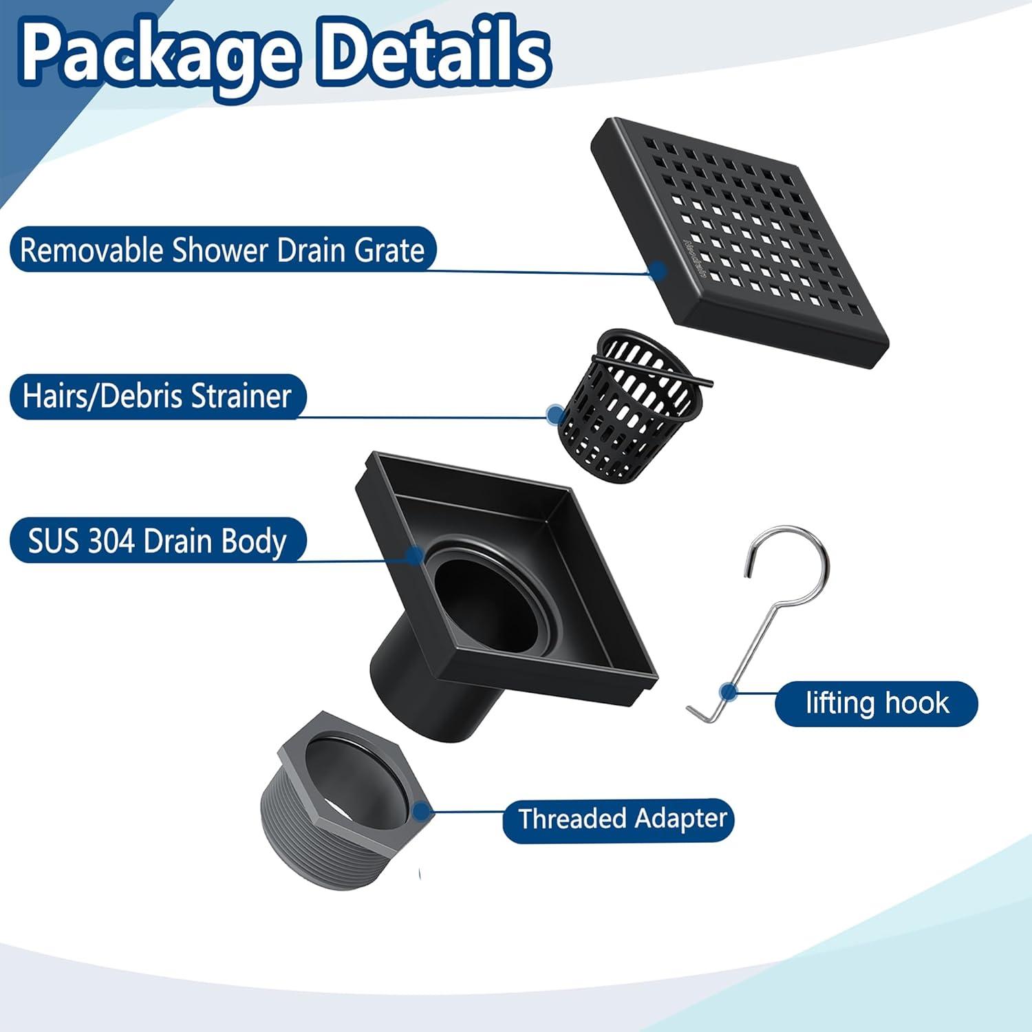 Neodrain 6-Inch Square Shower Drain with Removable Quadrato Pattern Grate,Brushed 304 Stainless Steel, with Watermark&CUPC Certified,Black