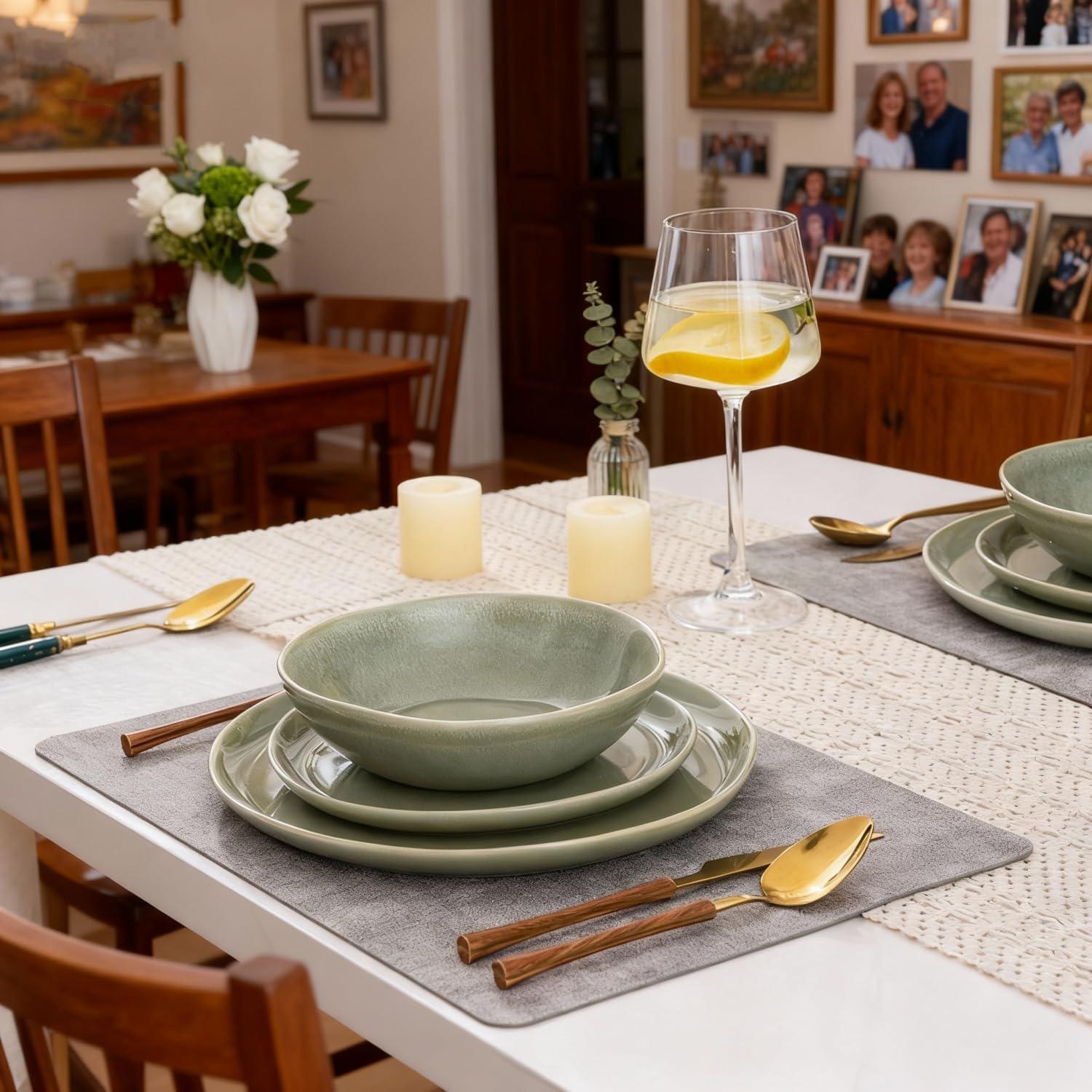 Olive Green and White Ceramic Dinnerware Set for 4