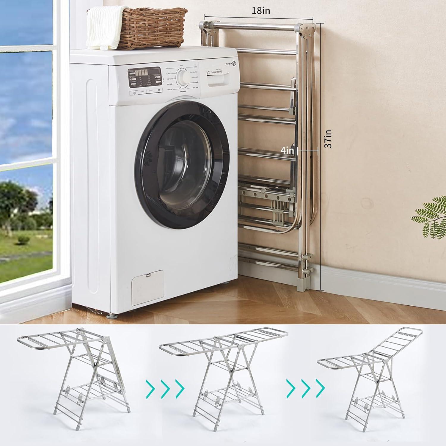 Foldable Clothes Drying Rack has 21 Rods, Non-Slip Buckle, Shoe Rack and Wheels ,Stainless Steel Laundry Drying Rack,Collapsible for Easy Storage,Rust-Proof,Works Both Indoors and Out