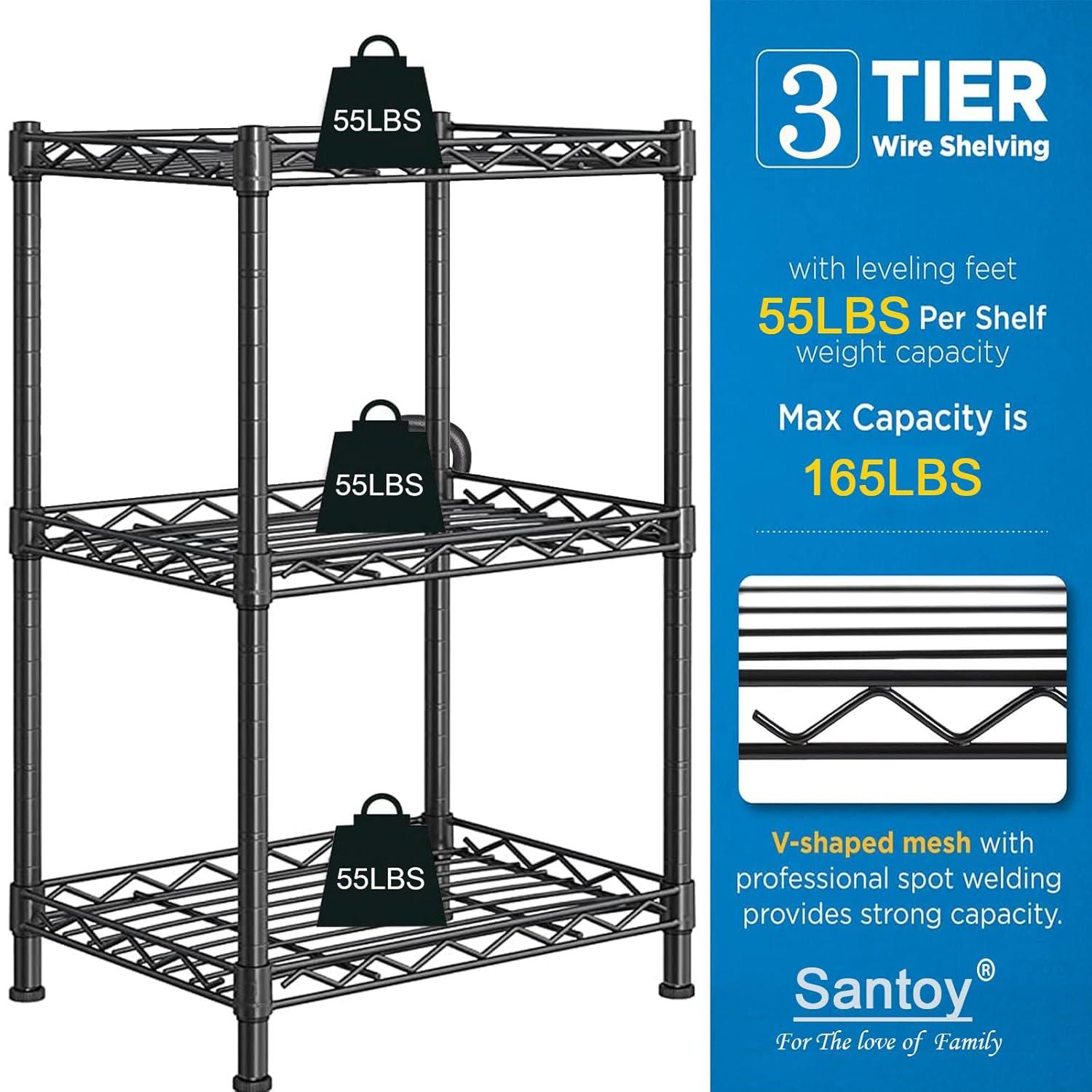 Santoy 3 Tier Storage Shelves Adjustable,Rack Metal Shelf Unit for Kitchen, Bathroom, Pantry, Closet, and Bedroom - Strong Steel Wire Organizer (Black, 17.7" L x 11.8" W x 31.5" H)