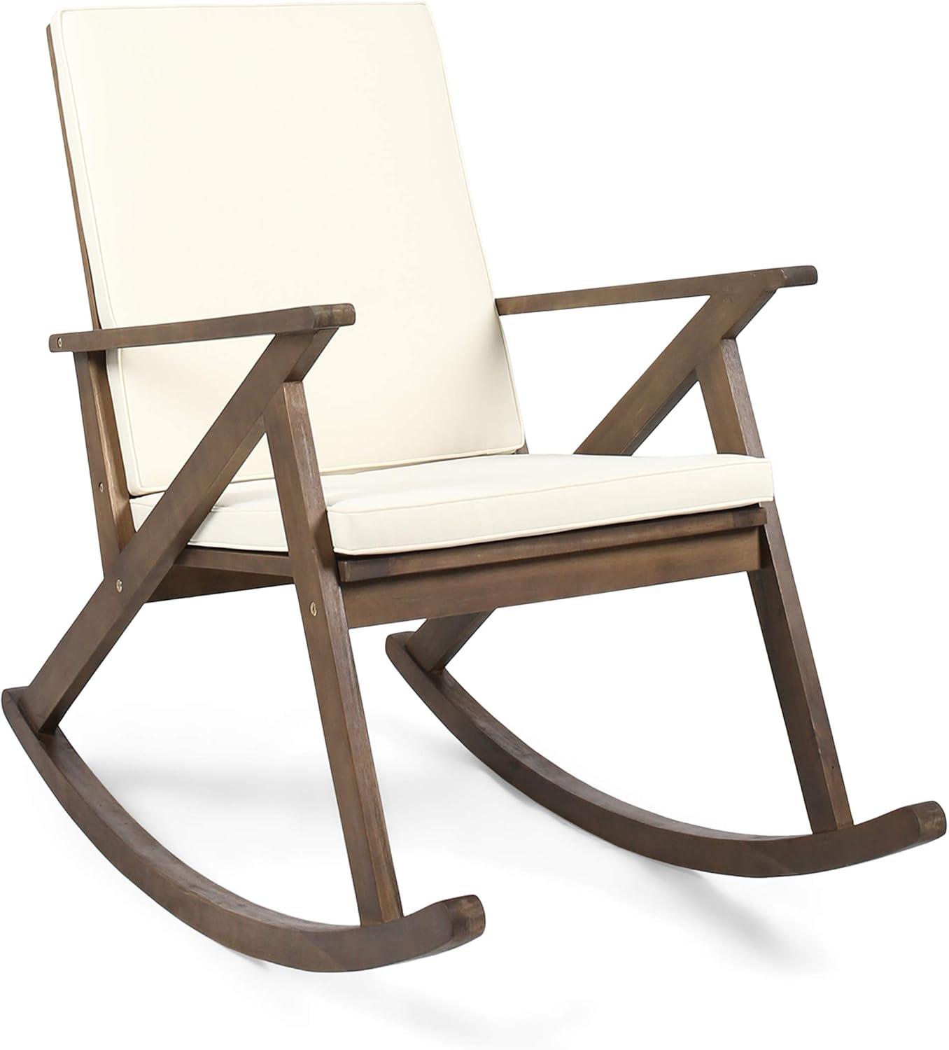 Louise Outdoor Acacia Wood Rocking Chair with Cushion, Dark Brown and Cream