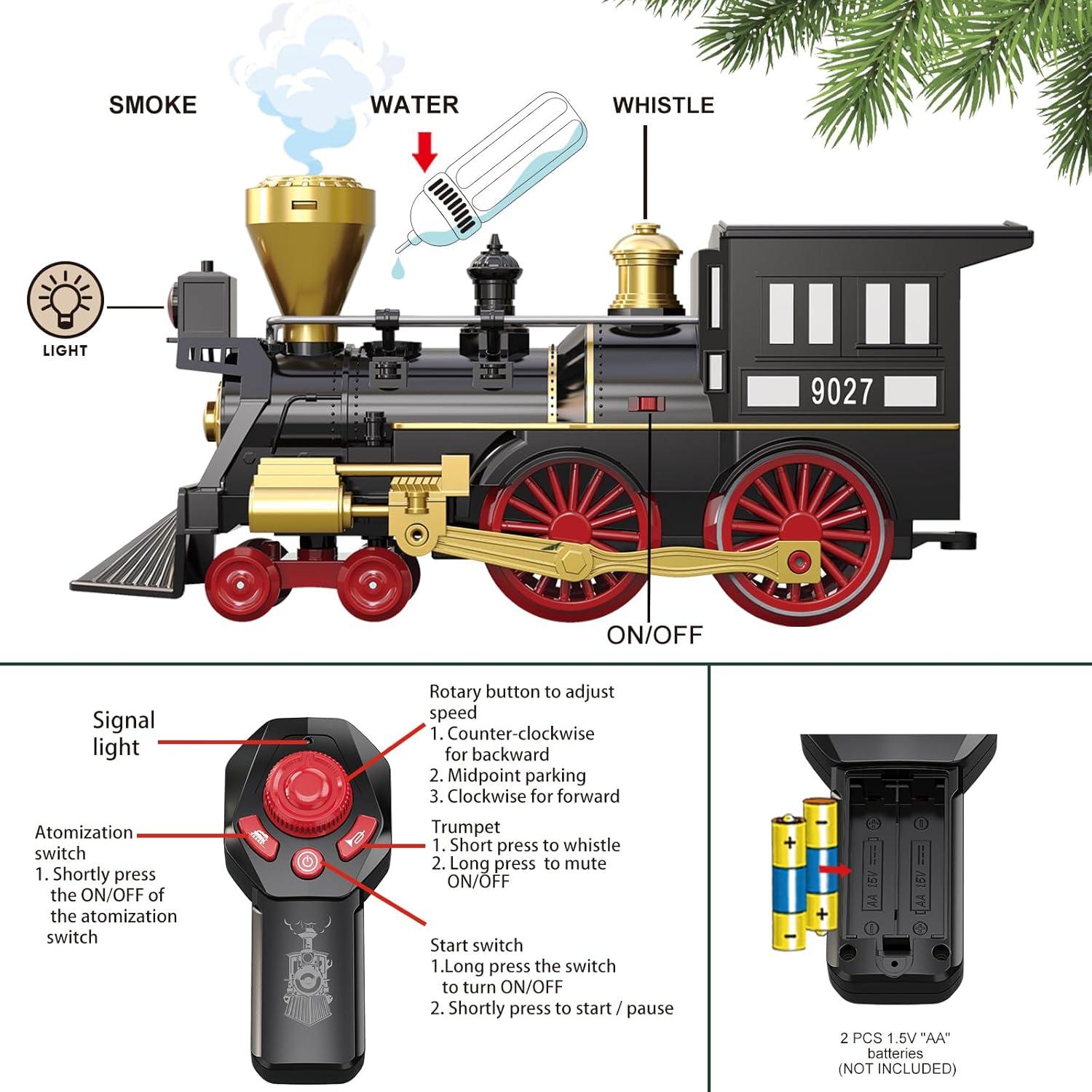 Train Set for Kids Remote Control Christmas Train Toys w/Steam Locomotive,Passenger Carriage & Luxury Tracks, Electric Trains w/Realistic Smoke,Sounds & Lights, Birthday Gift for Boys Girls 3 4 5 6 7