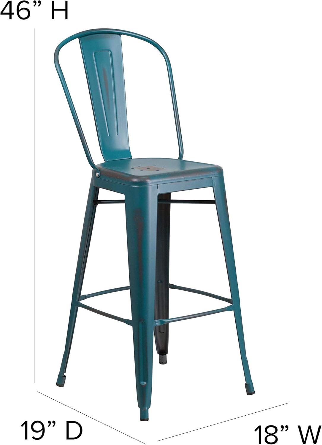 Flash Furniture Commercial Grade 30" High Distressed Kelly Blue-Teal Metal Indoor-Outdoor Barstool with Back