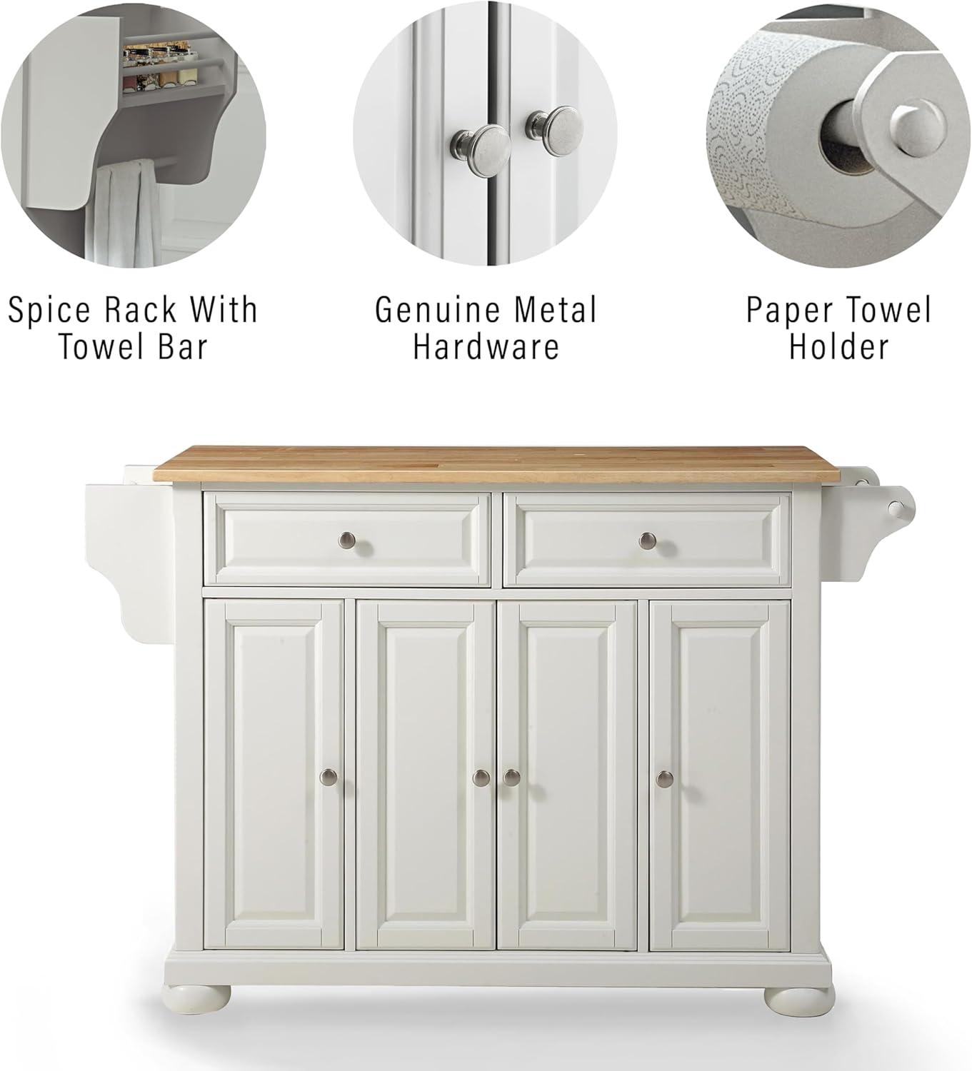 Alexandria Wood Top Full Size Kitchen Island/Cart White/Natural - Crosley: Adjustable Shelves, Towel Bar, Traditional Style