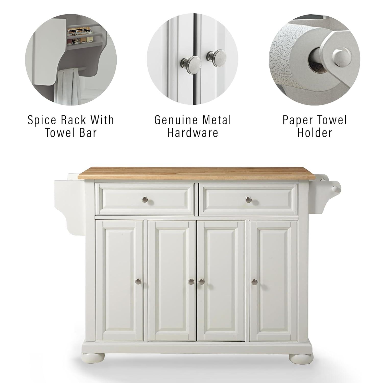 Alexandria Wood Top Full Size Kitchen Island/Cart White/Natural - Crosley: Adjustable Shelves, Towel Bar, Traditional Style