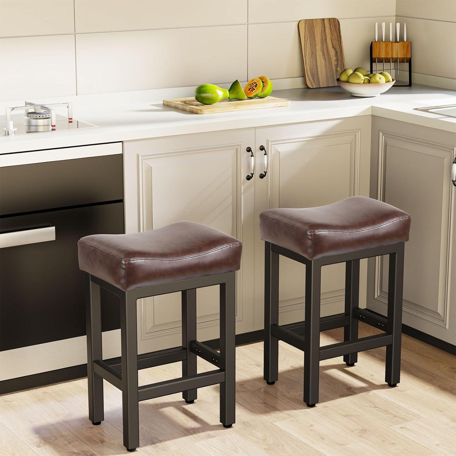 Bar Stools Set of 2,24 Inch Counter Height Stools,Saddle Stools,Metal Frame Bar Stools with Footrest, PU Leather Modern Kitchen Barstools for Kitchen Island,Counter, Pub