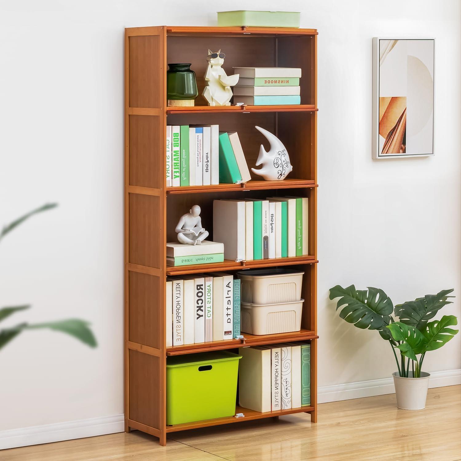 Magshion Bamboo/Acrylic 3 Shelves Bookshelf, with Transparent Door Bookcase, Brown, for Home