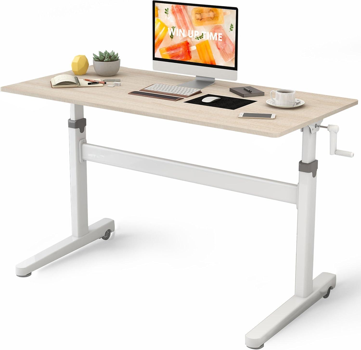 Manual Standing Desk Height Adjustable - Portable Sit to Stand Home Office Desks - Non-Electric Rising Table with Hand Crank and Rolling Wheels - 48 Inch Maple Whole Piece Wood Desktop