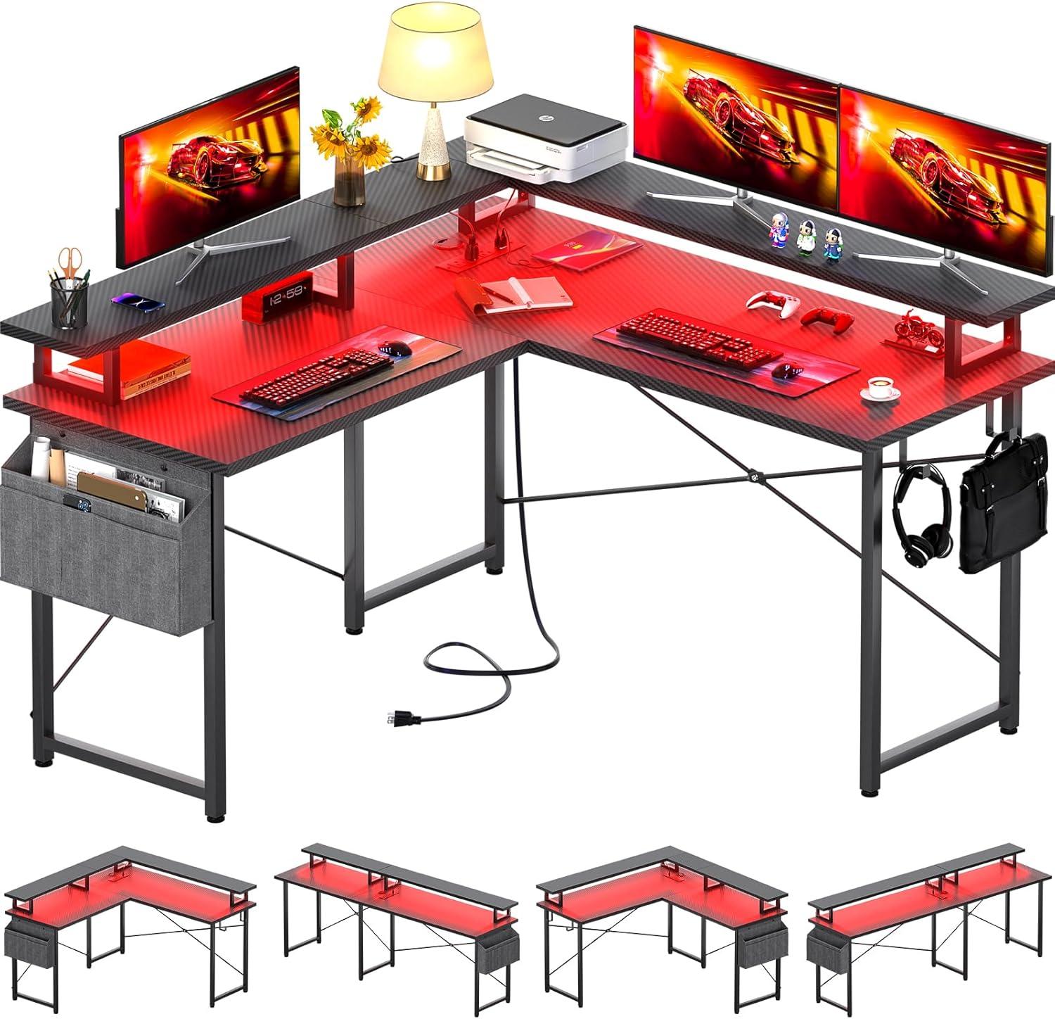 47'' Carbon Fiber Black L-Shaped Gaming Desk with Power Outlet