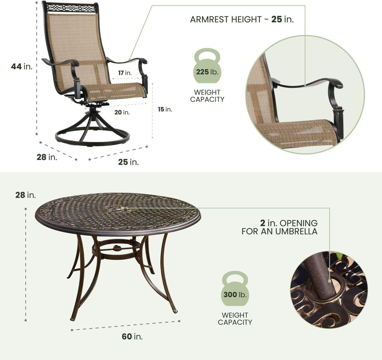 Hanover Manor 7-Piece Outdoor Dining Set in Cedar with 6 Contoured Swivel Rockers and 60" Round Cast-Top Table