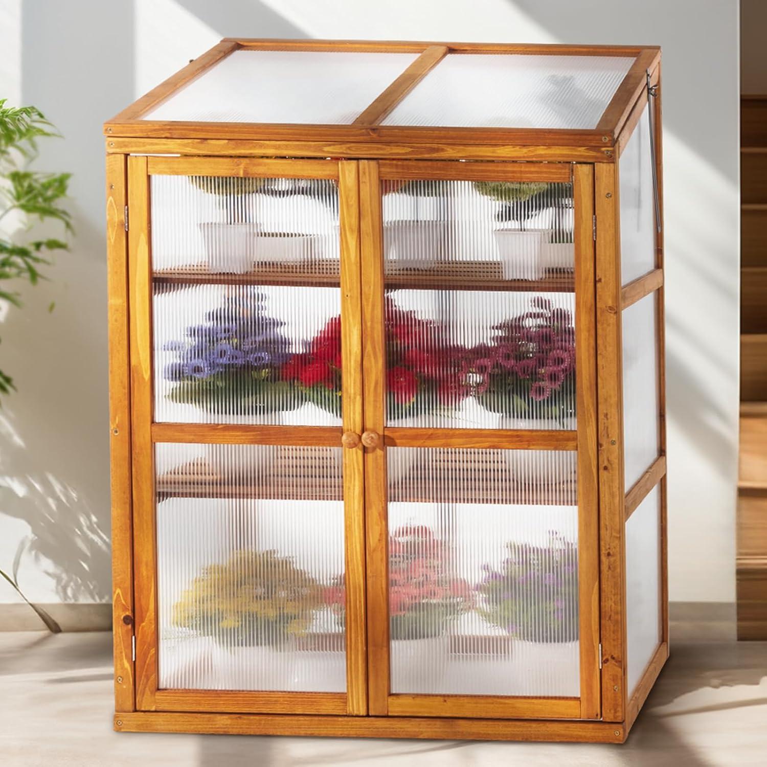 Wood Cold Frame Greenhouse for Outdoors, 2-Tier Greenhouse Cabinet