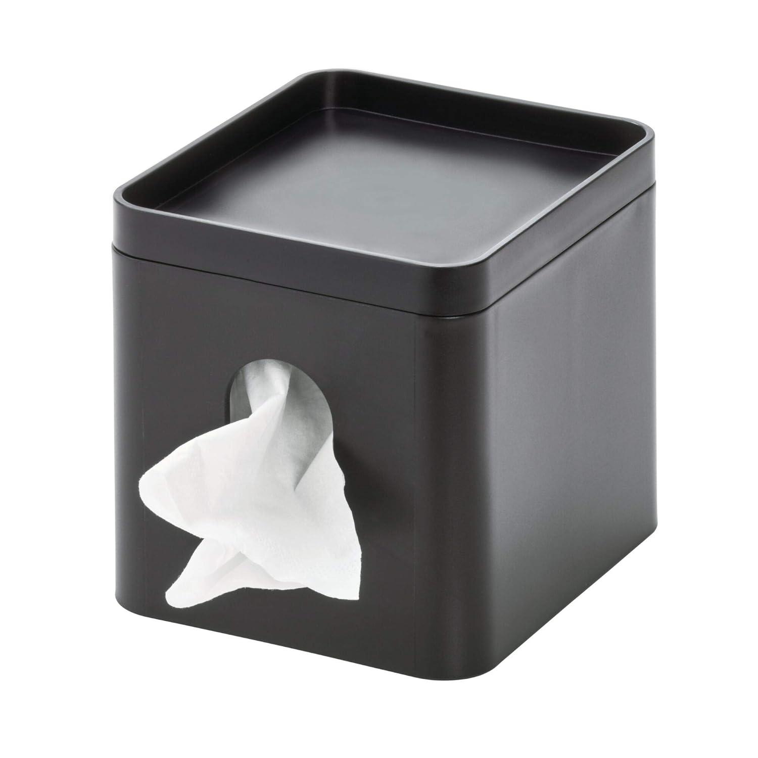 iDesign Facial Tissue Box Cover with Storage Tray, The Cade Collection – 6.1" x 5.15" x 5.4", Matte Black