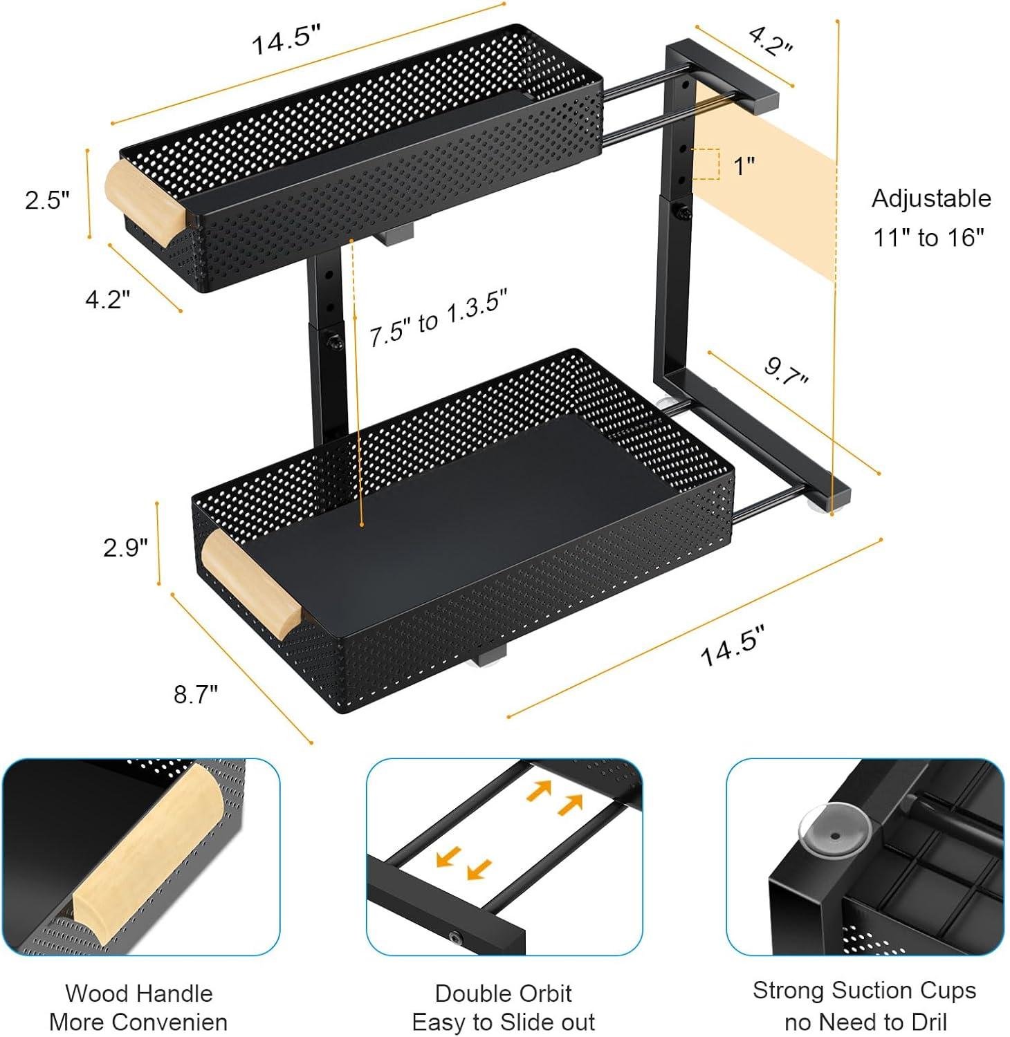 Under Sink Organizers and Storage, 2 Pack Pull Out Kitchen Bathroom Cabinet Organizer, 2 Tier Black Under Sink Storage for Bathroom Kitchen, Under Counter Storage Organizer with 8 Hooks