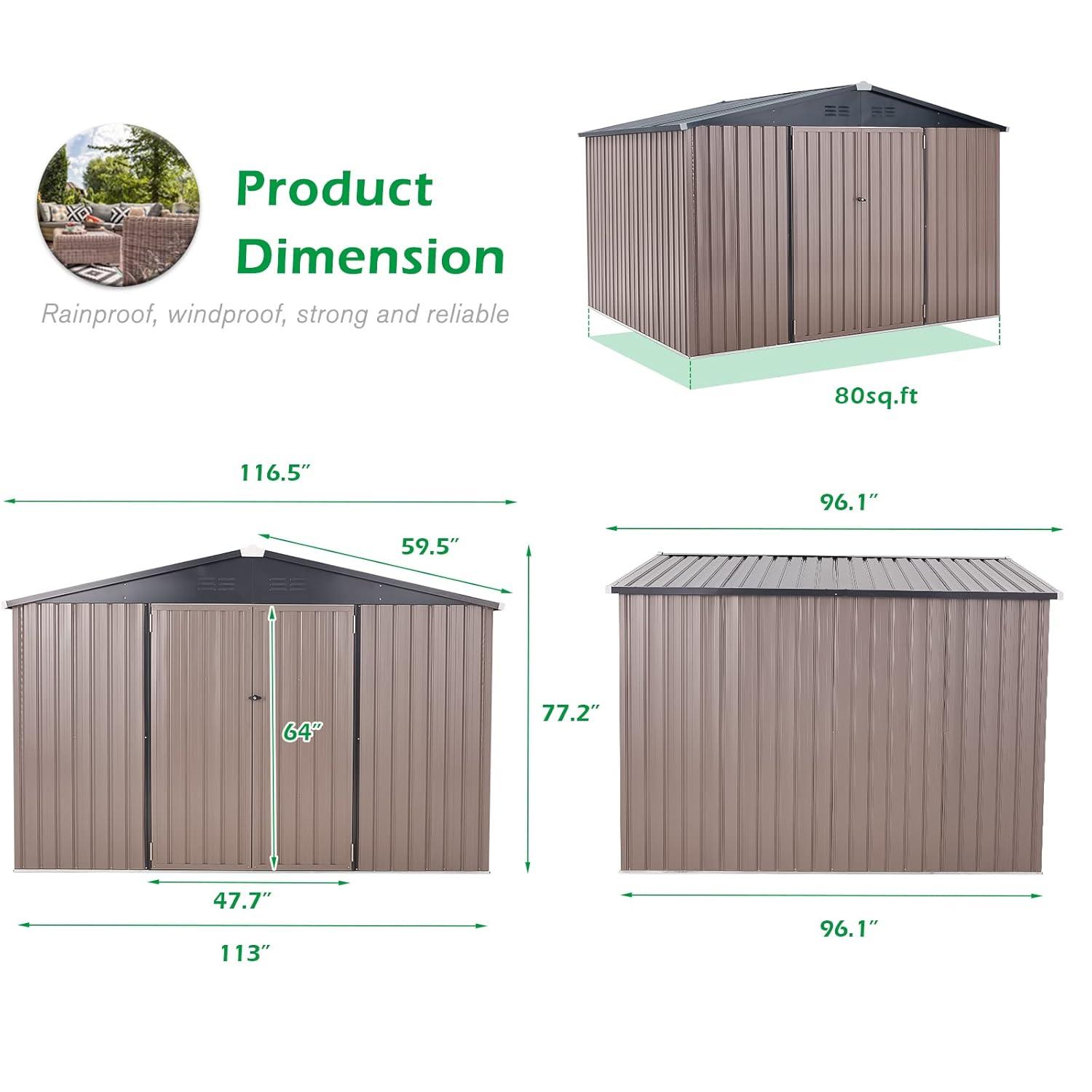 AECOJOY 8' x 10' Outdoor Storage Shed with Rack & Shelves Metal Utility Tool Shed with Lockable Door for Backyard & Garden on Clearance