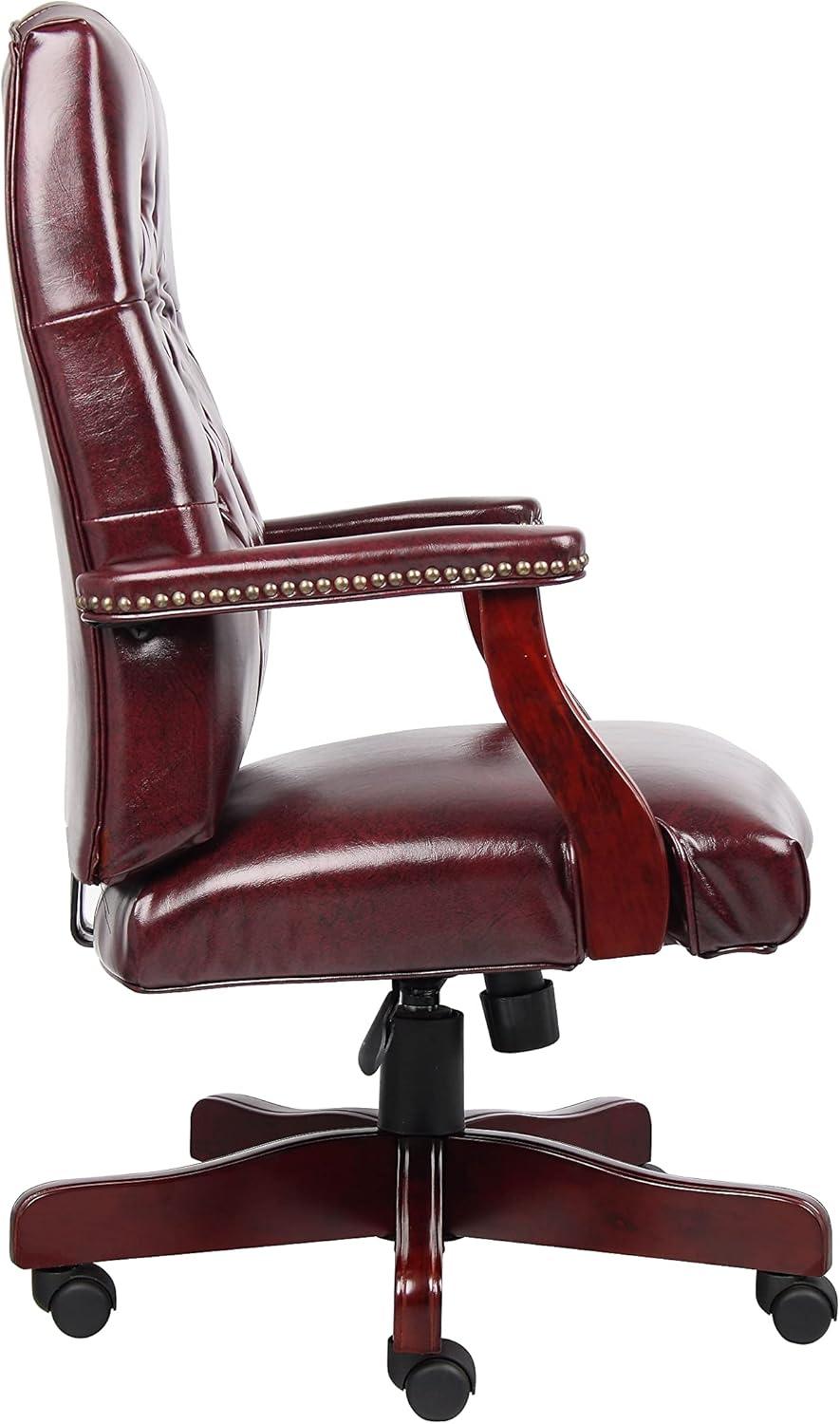 Oxblood Vinyl High Back Executive Swivel Chair with Mahogany Finish