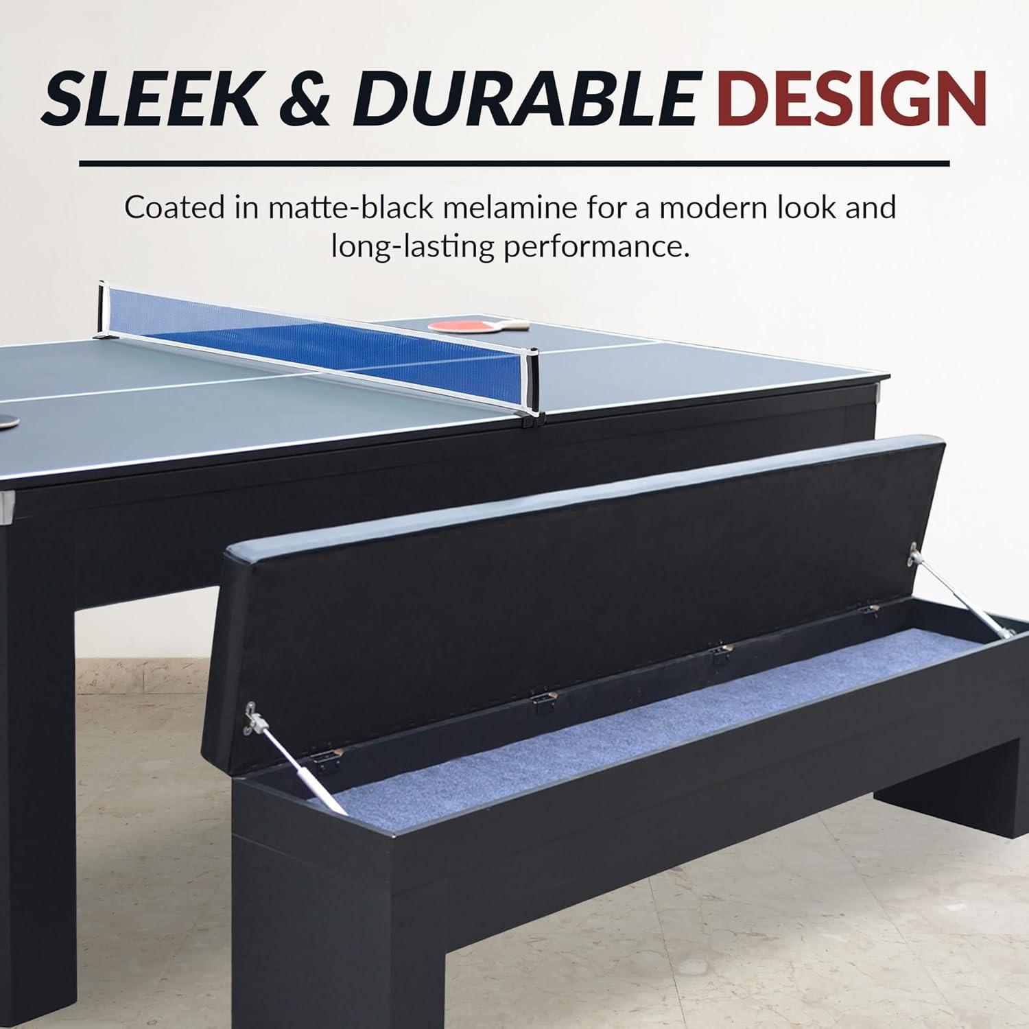 Hathaway Newport Stylish 7 Ft Multi Game Pool Table Combo with Dining Top and Ping Pong – Includes Benches for Home Storage and Accessories