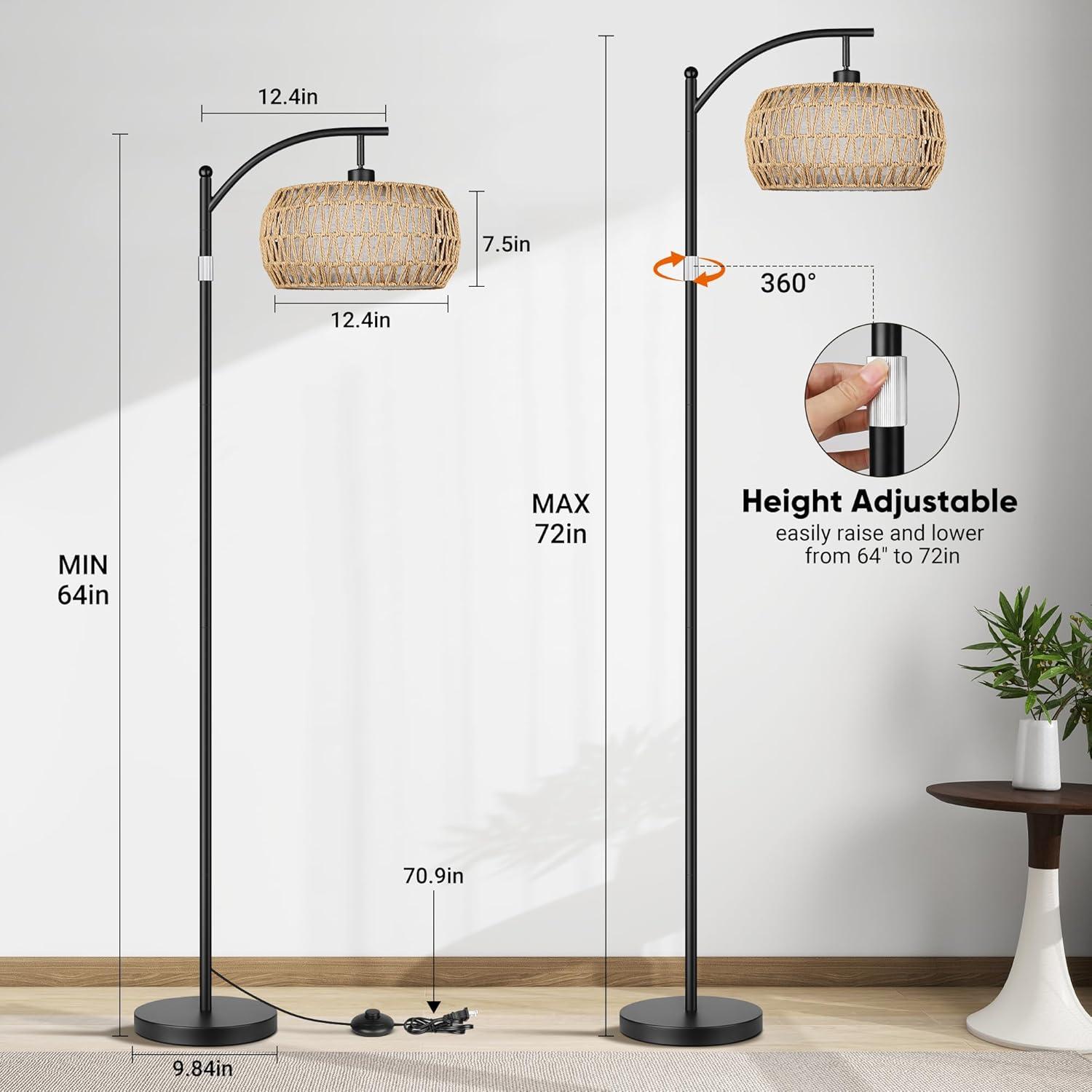 ROTTOGOON Boho Floor Lamp with Dimmable Bulb, Rattan &Linen Double Shades, Boho Standing Tall Lamps with Foot Switch, Bohemian Floor Lamps for Living Room, Bedroom, Office